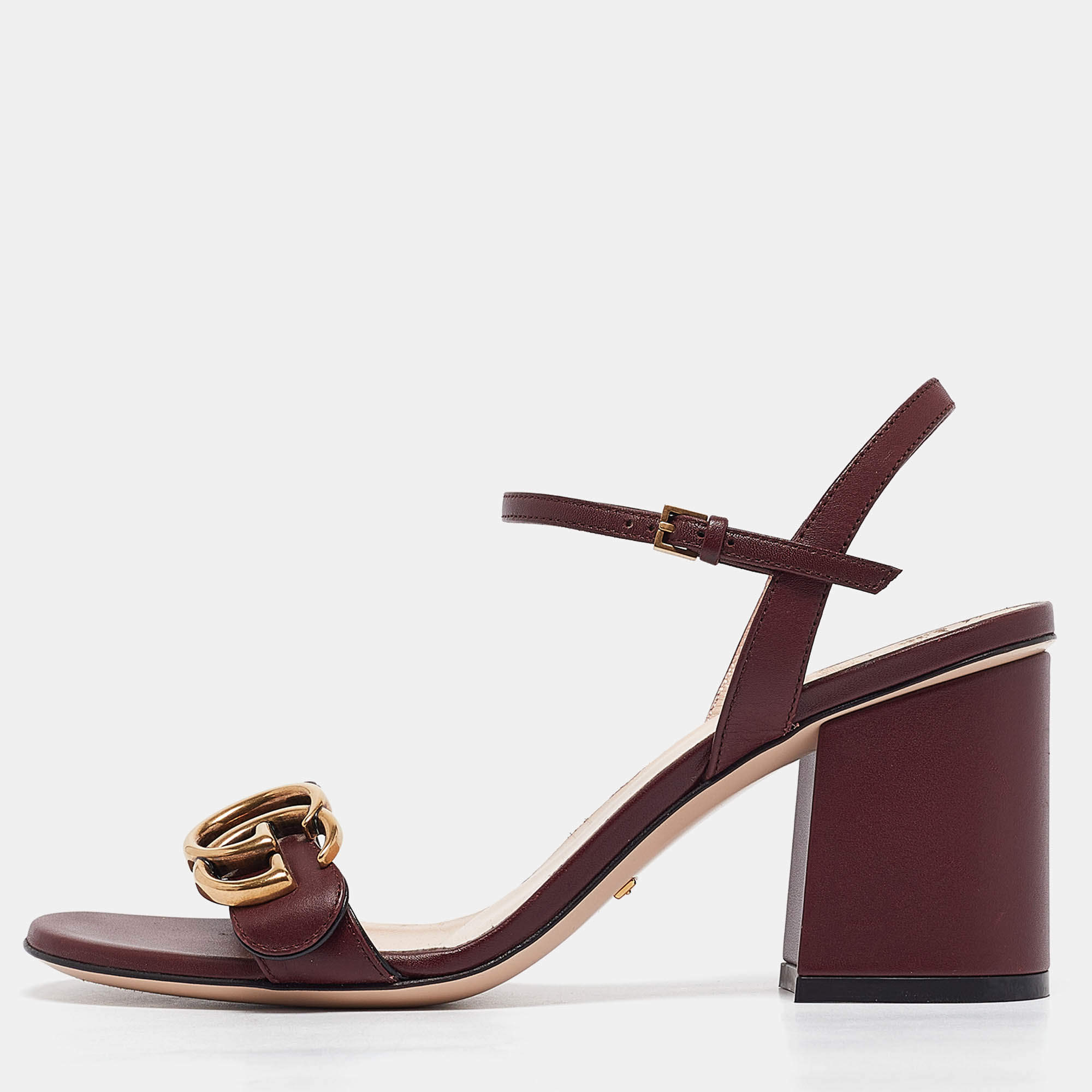 مملوكة مسبقًا Gucci Burgundy Leather GG Marmont Ankle Strap Sandals Size 35.5