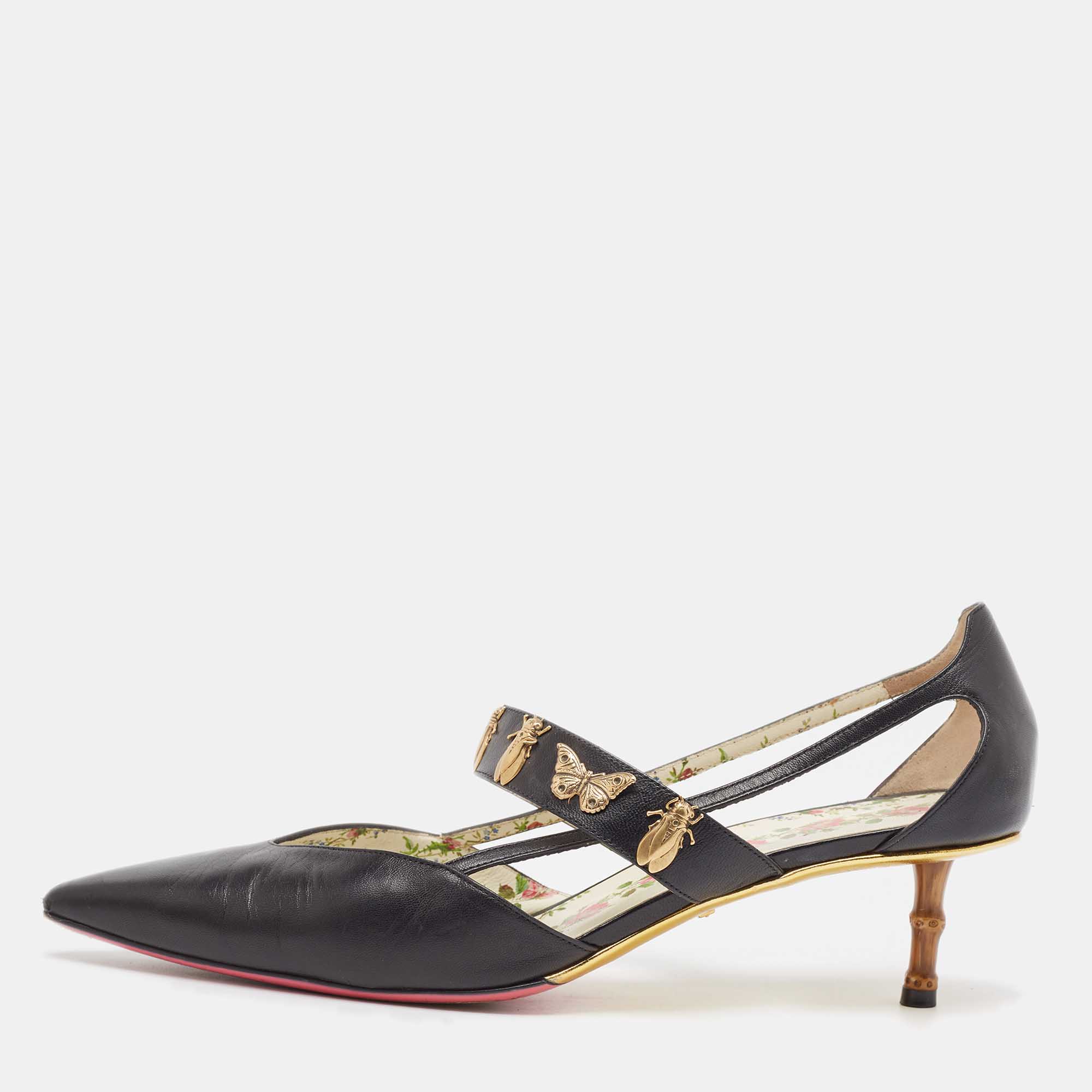 Gucci Black Leather Butterfly and Bee Embellished Slingback Pumps Size 42