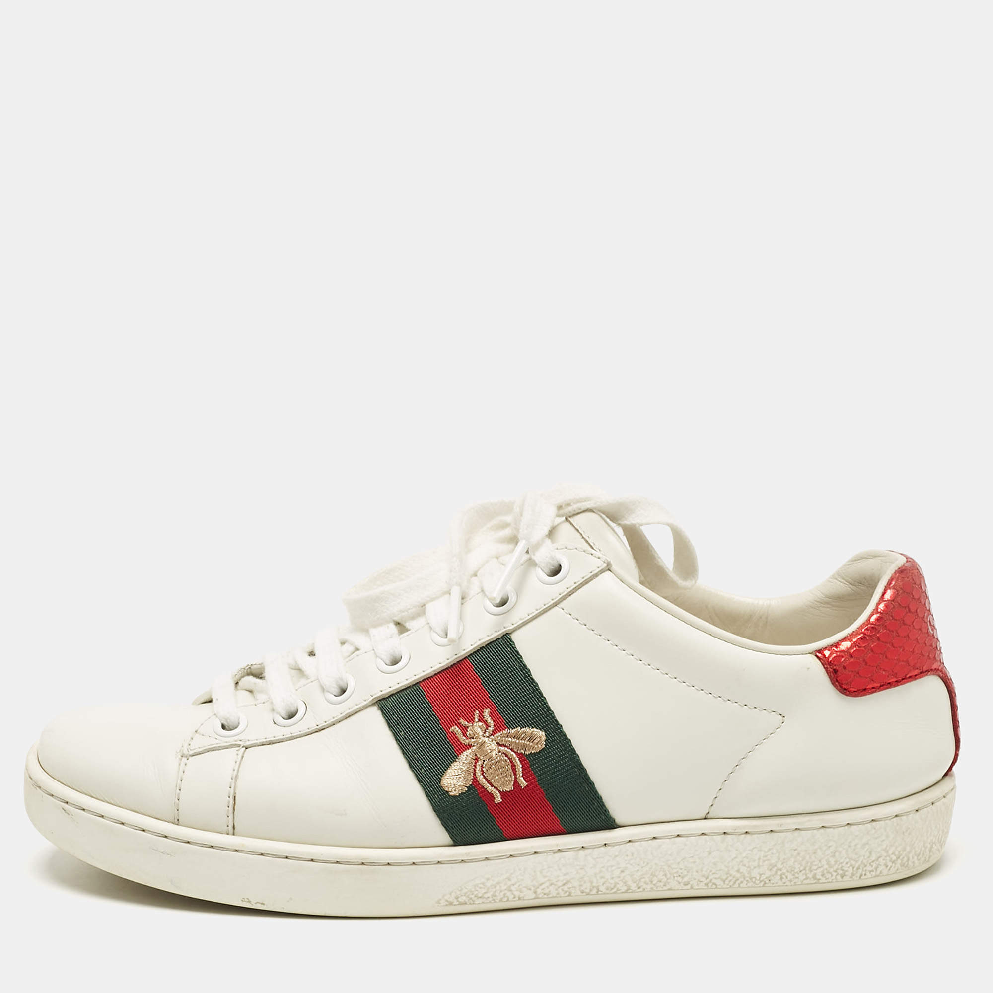 Gucci White Leather Embroidered Bee Ace Sneakers Size 36.5