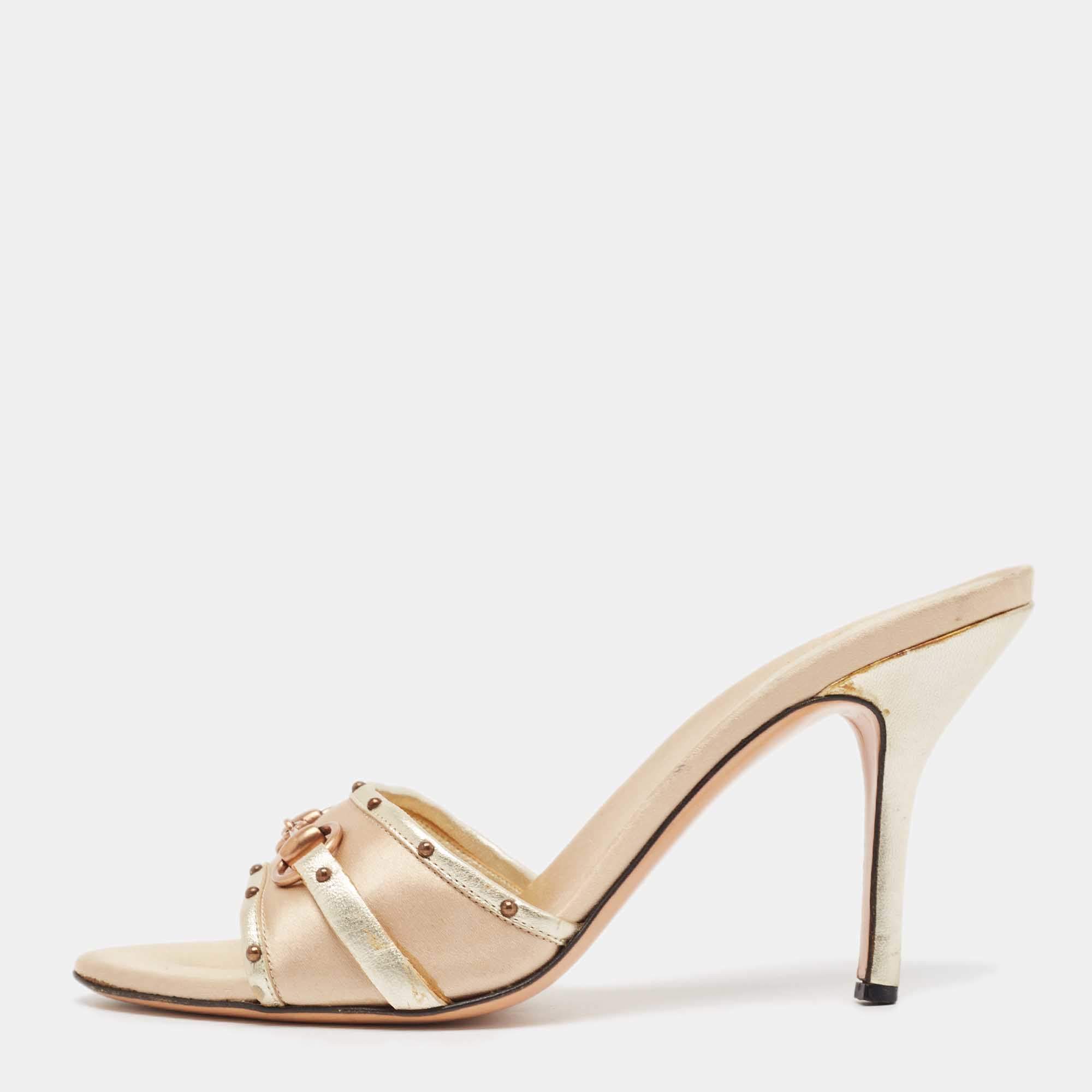 مملوكة مسبقًا Gucci Metallic Satin and Leather Satin Slide Sandals Size 37