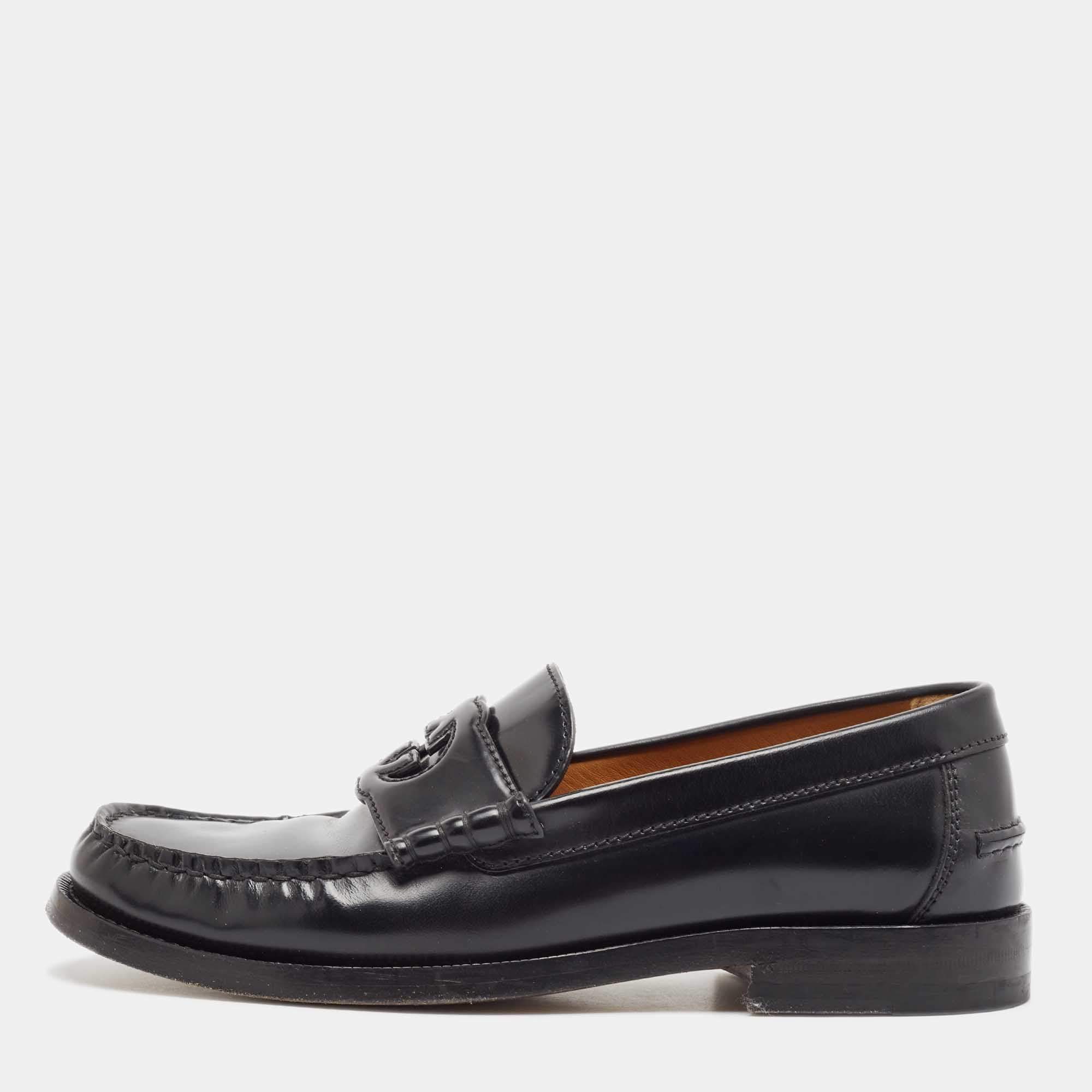 Pre Owned Gucci Black Leather Slip On Loafers Size 38