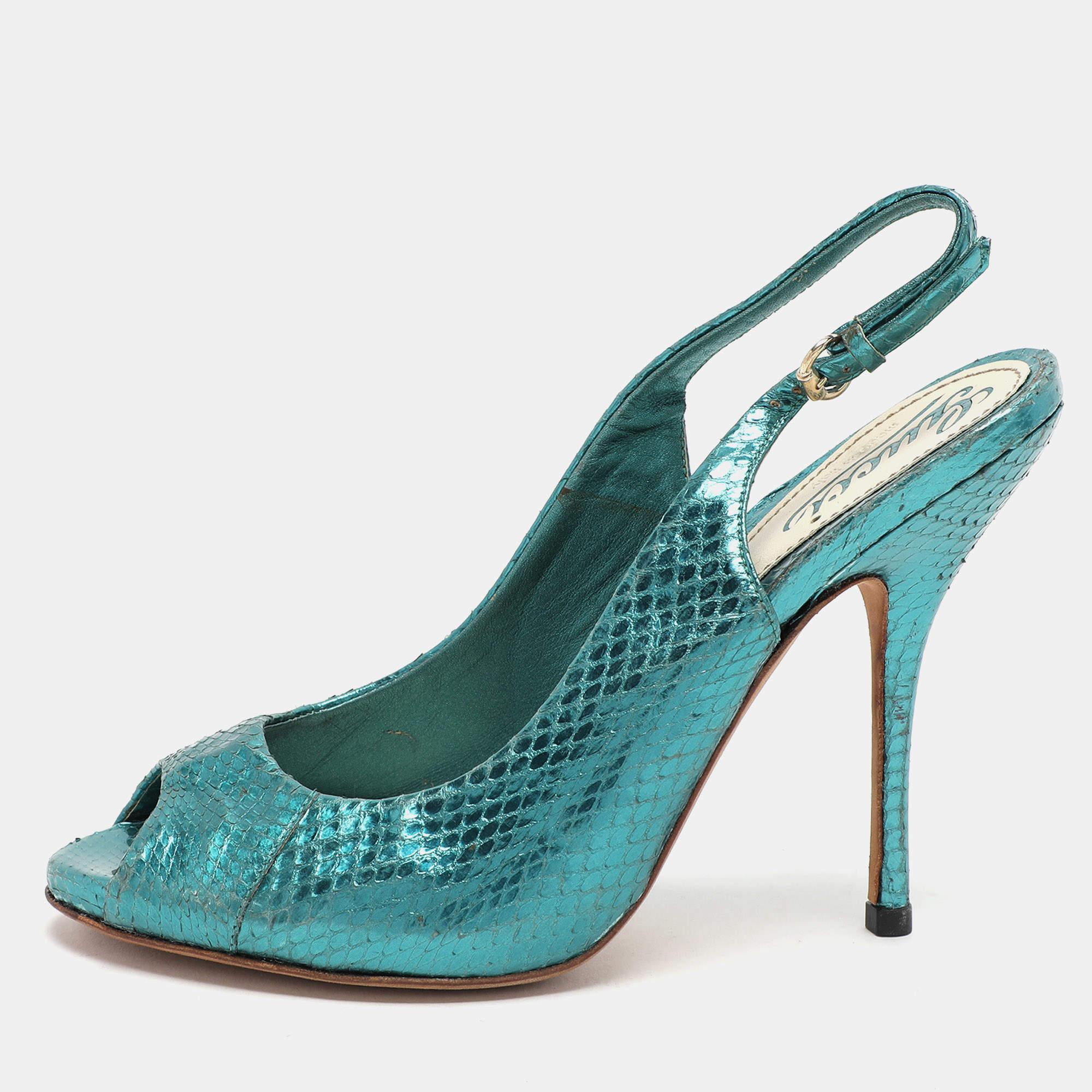 Gucci Blue Python Embossed Leather Sofia Slingback Sandals Size 36