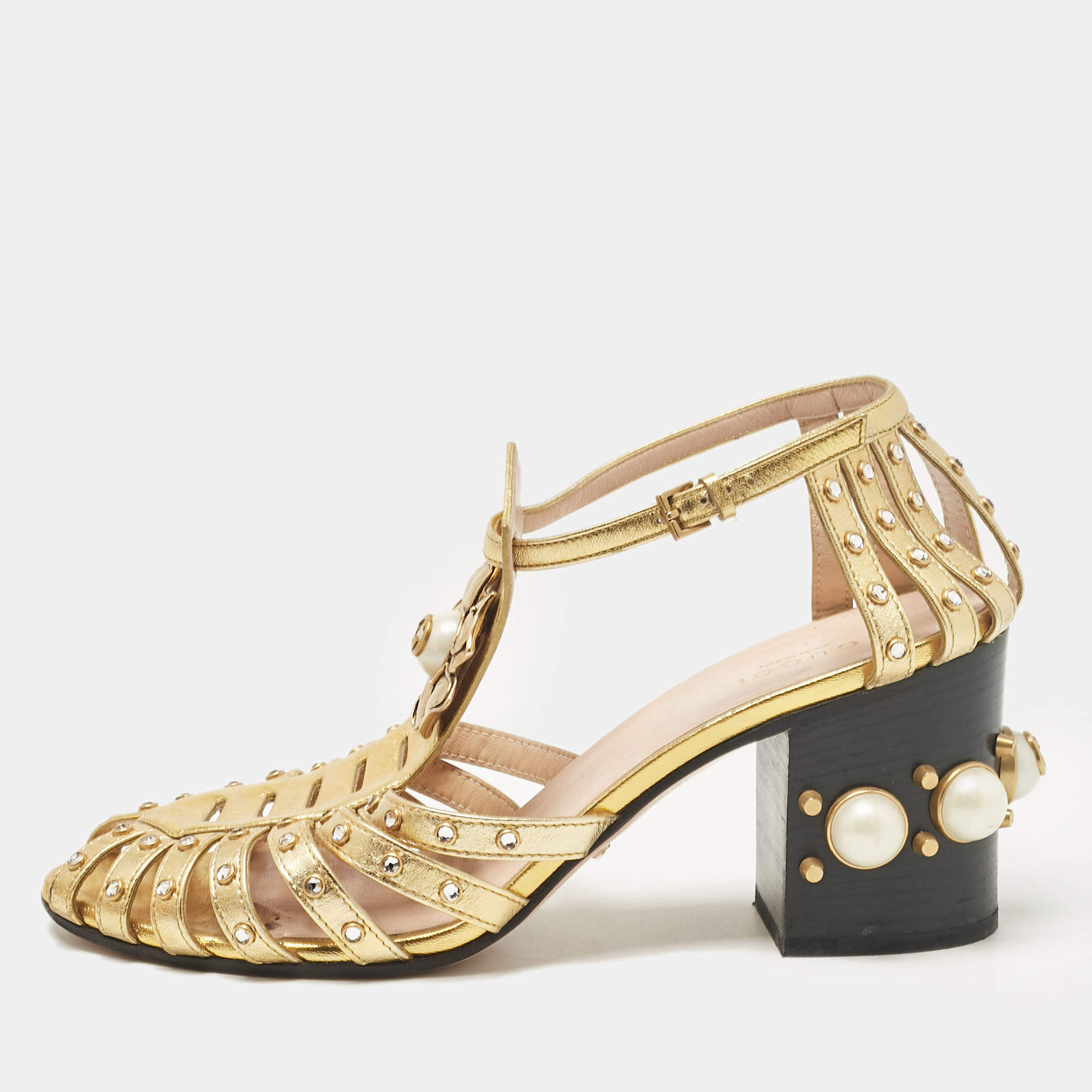 Pre Owned Gucci Gold Leather Crystal Embellished Ankle Strap Sandals Size 39