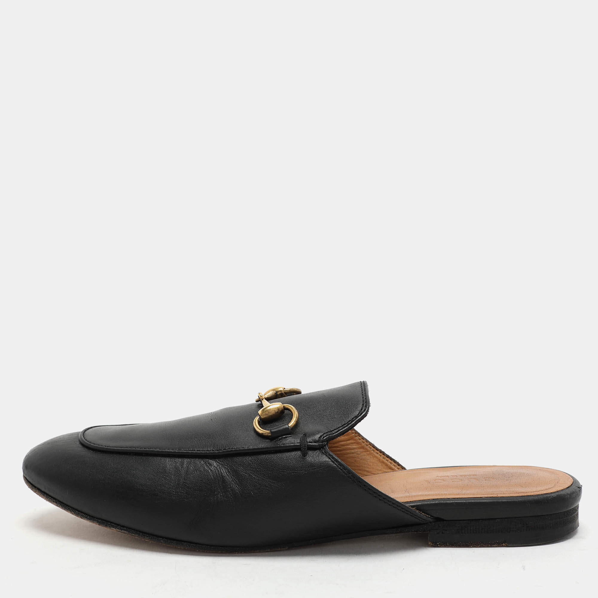 Gucci Black Leather Princetown Horsebit Mules Size 36.5