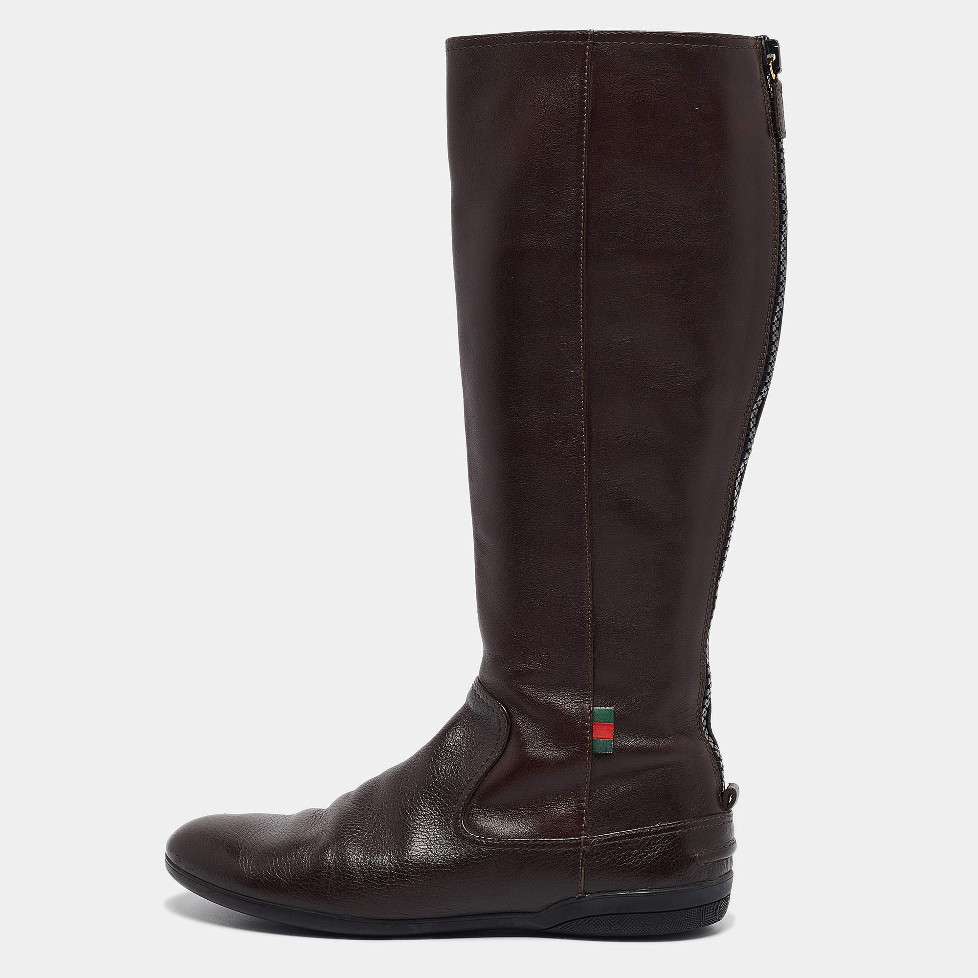 Pre Owned Gucci Brown Leather Knee Length Boots Size 38