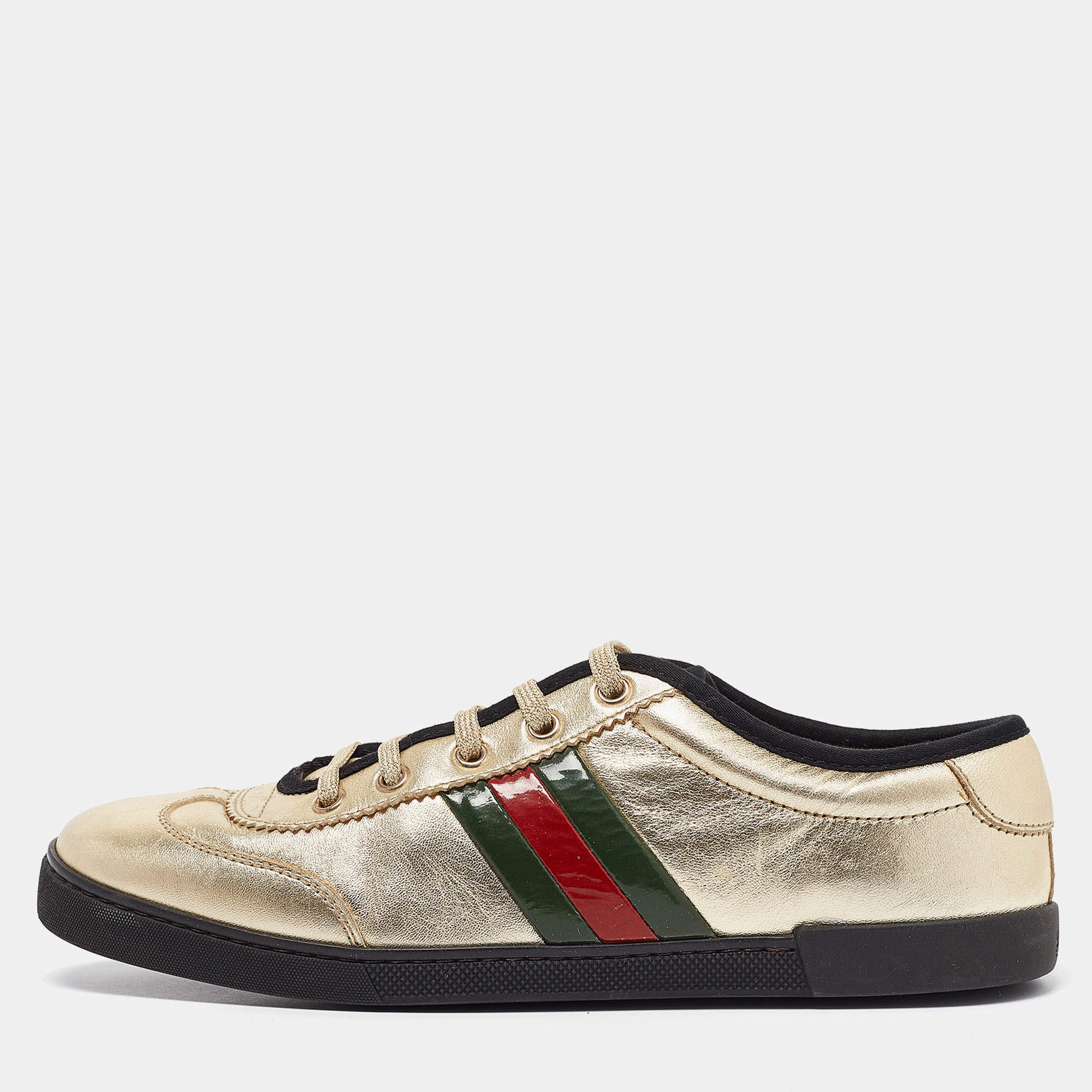 Gucci Gold Leather Web Low Top Sneakers Size 38.5