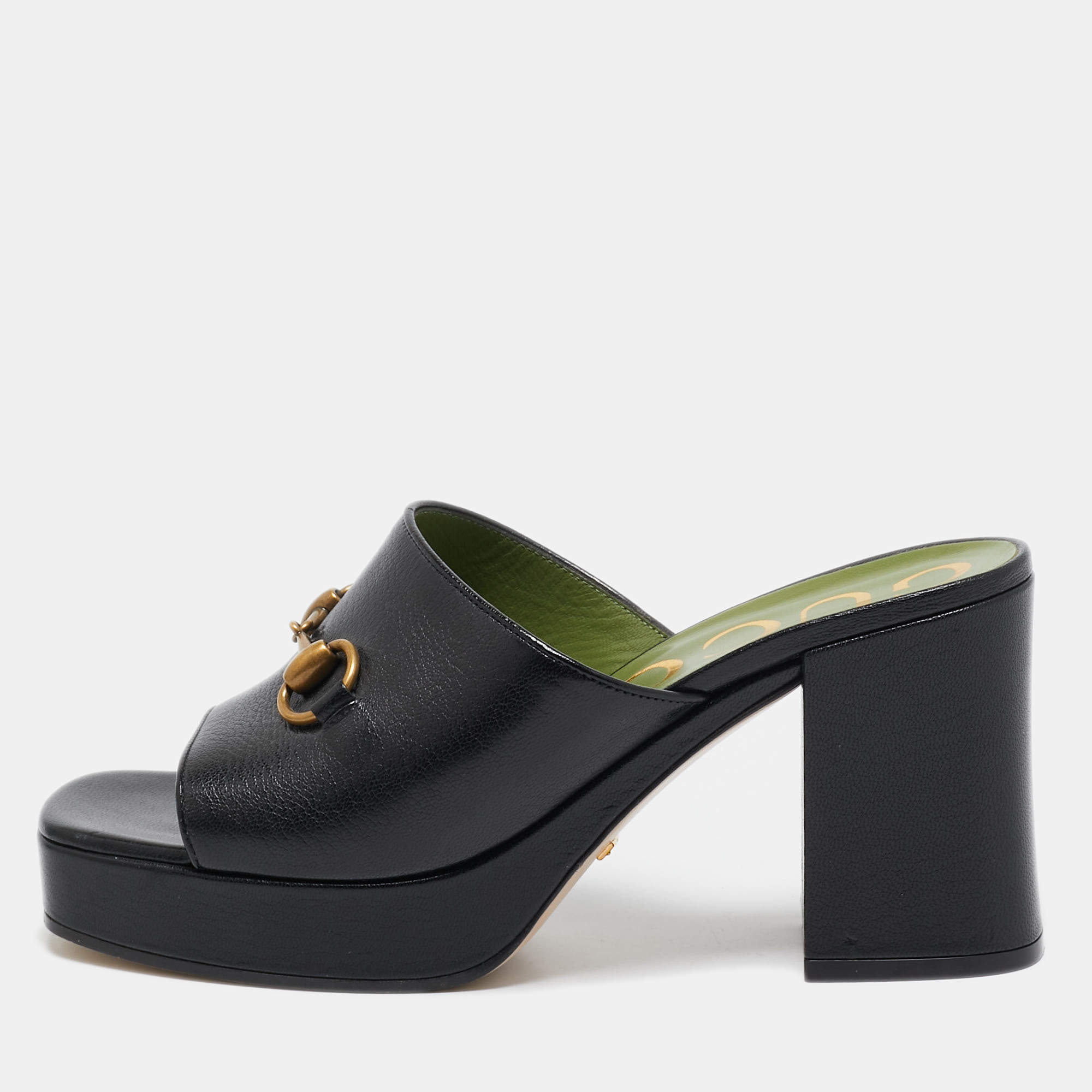 Pre Owned Gucci Black Leather Horsebit Slide Sandals Size 38