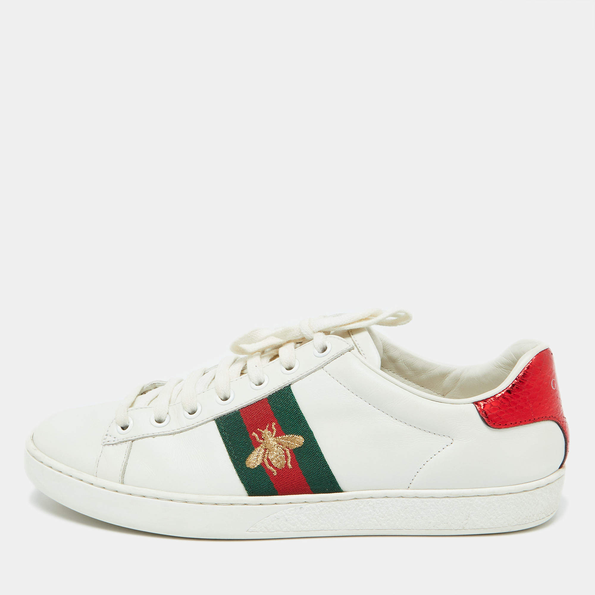 Pre Owned Gucci White Leather Bee Embroidered Ace Low Top Sneakers Size 38.5