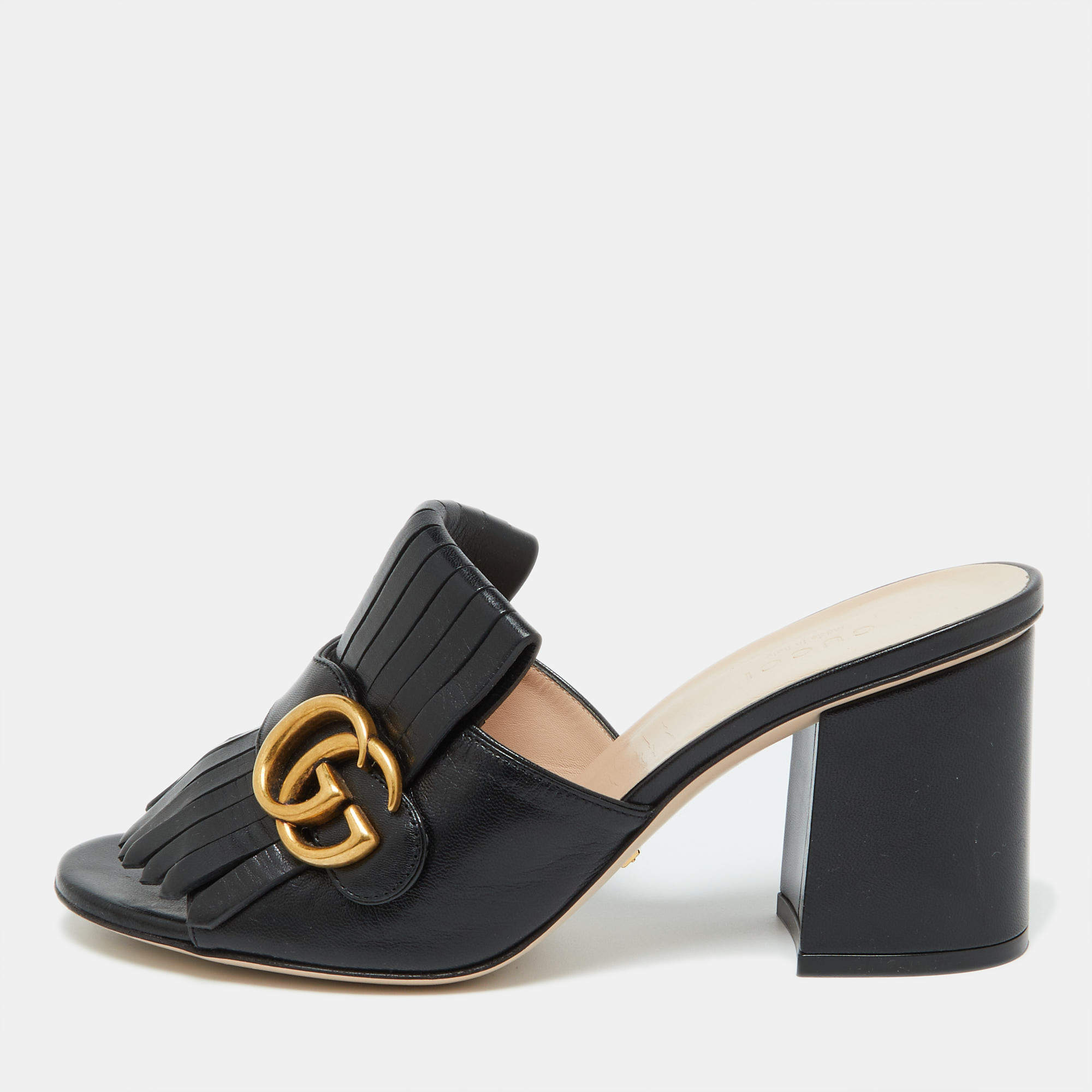 مملوكة مسبقًا Gucci Black Leather GG Marmont Fringe Detail Open Toe Sandals Size 37.5