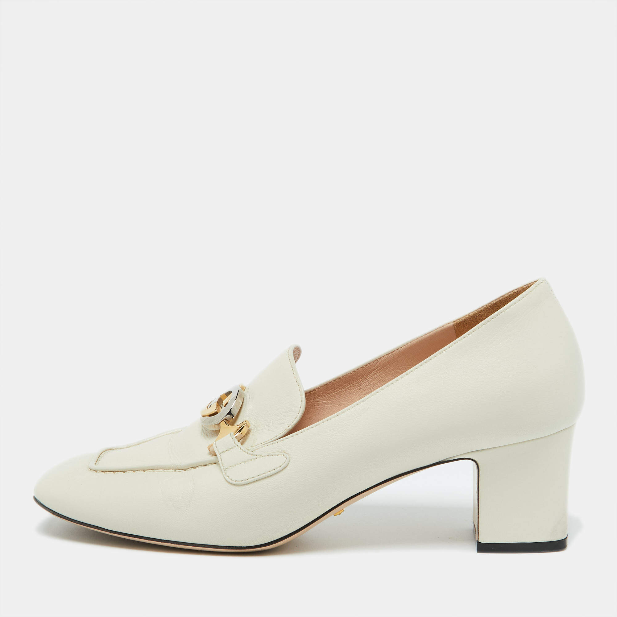 مملوكة مسبقًا Gucci White Leather Zumi GG Loafer Block Heel Pumps Size 41