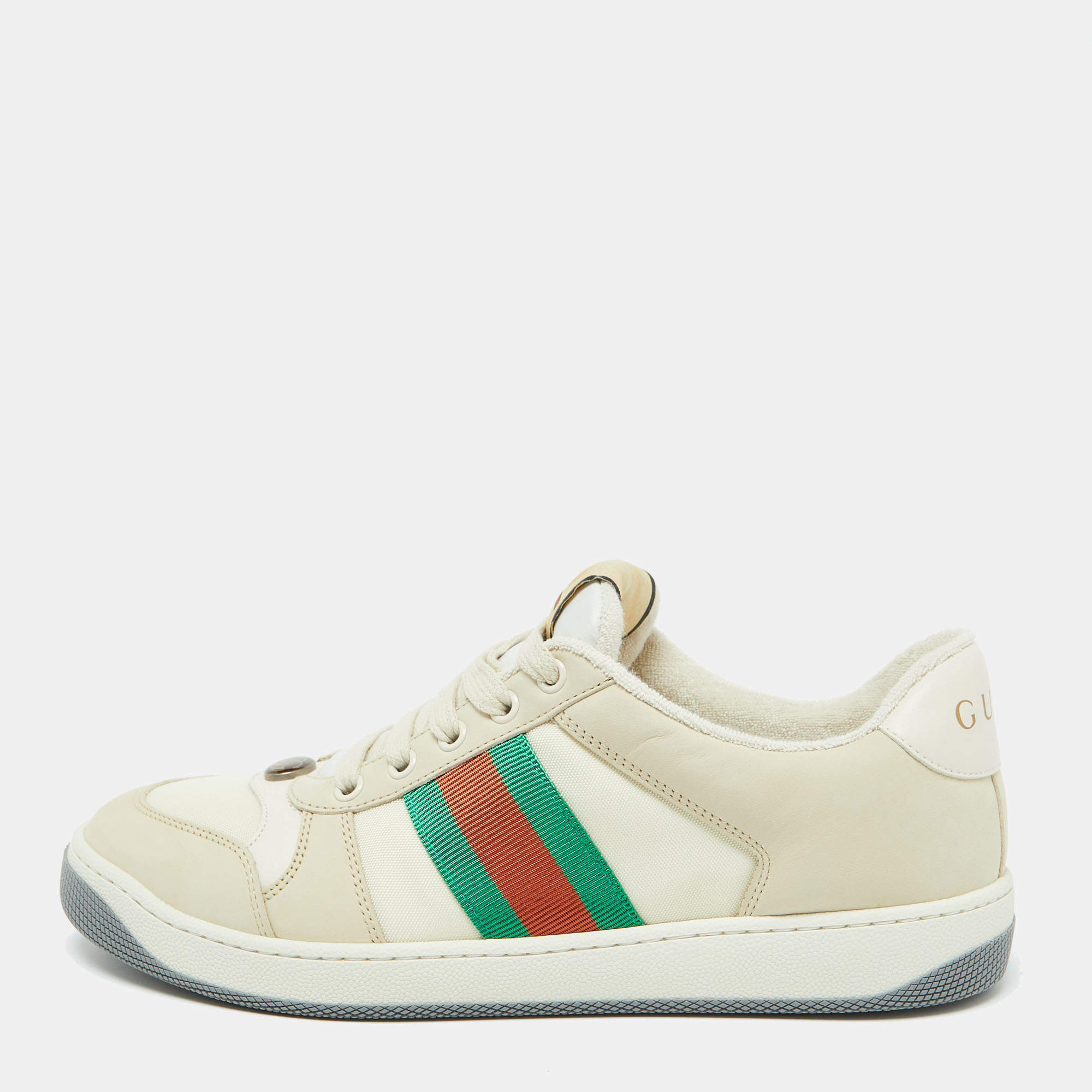 Gucci Beige Leather and Fabric Screener Low Top Sneakers Size 39