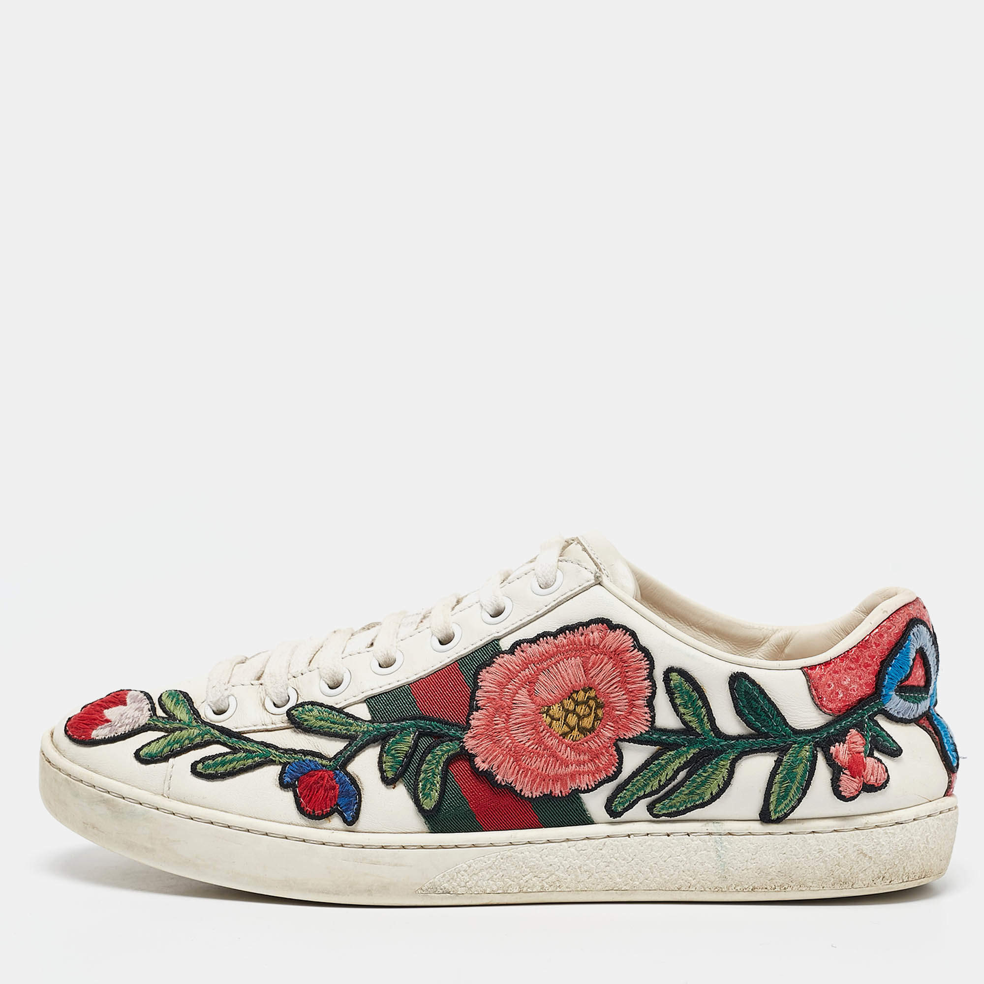 Gucci White Leather Floral Embroidered Ace Sneakers Size 37