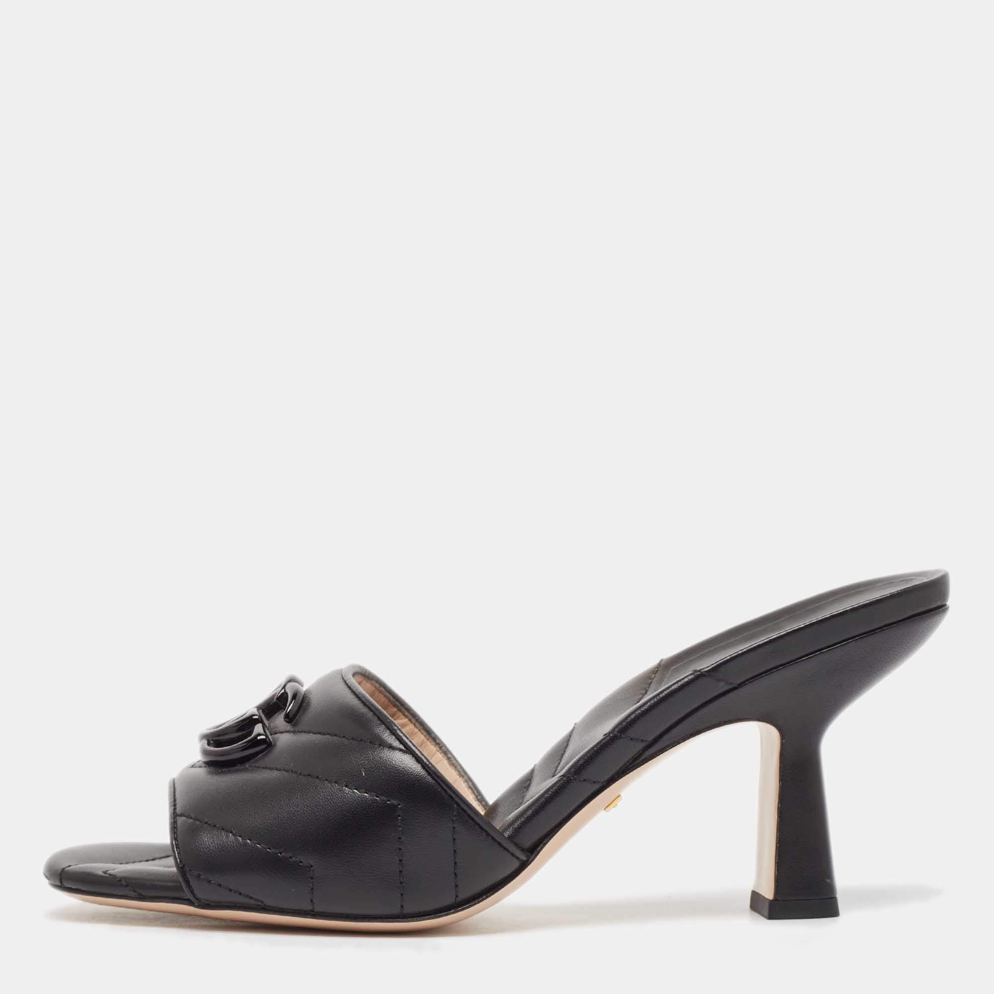 Gucci Black Matelassé Leather GG Marmont Slide Sandals Size 37.5