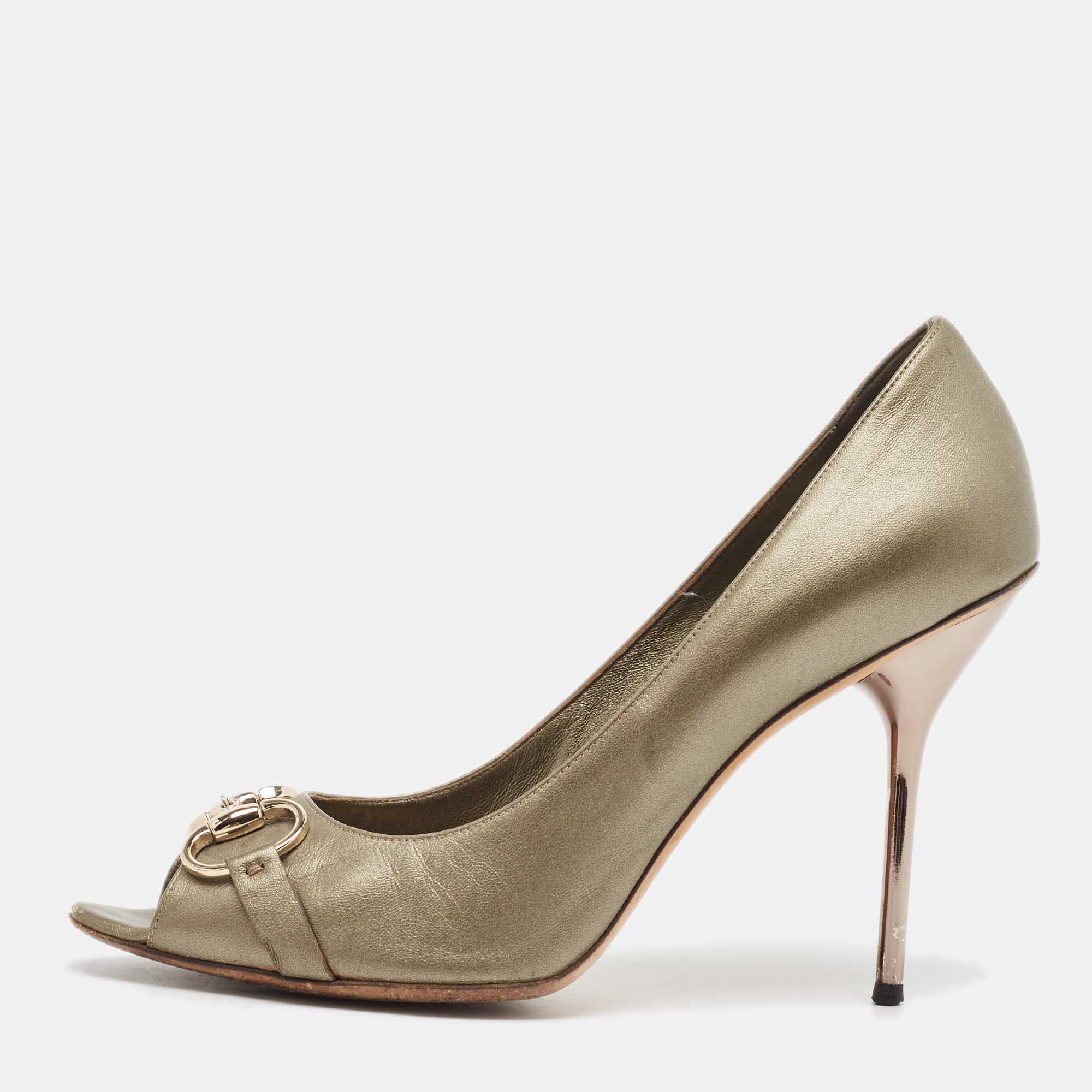 Pre Owned Gucci Metallic Bronze Leather Peep Toe Pumps Size 42