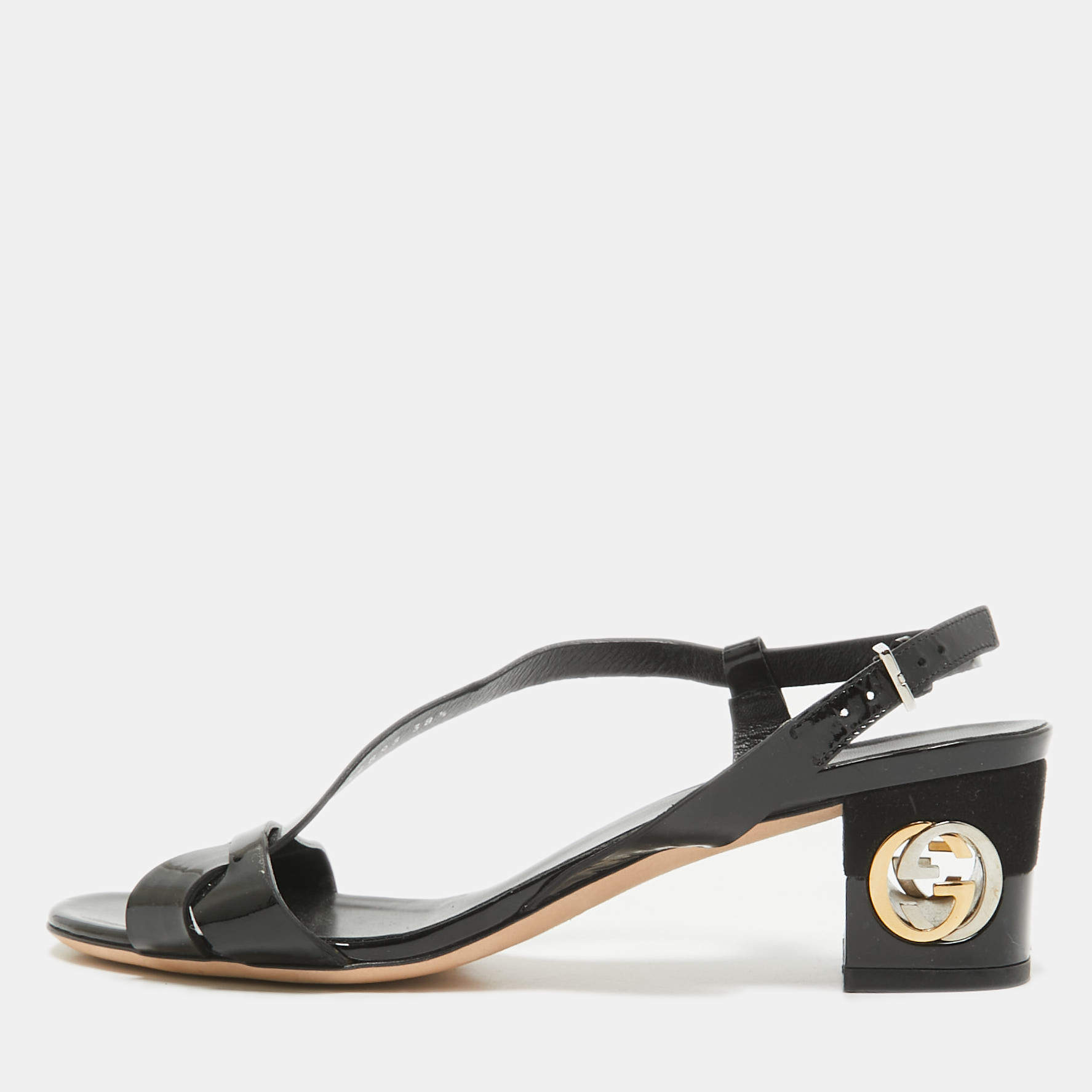 Pre Owned Gucci Black Patent Ankle Strap Sandals Size 38.5