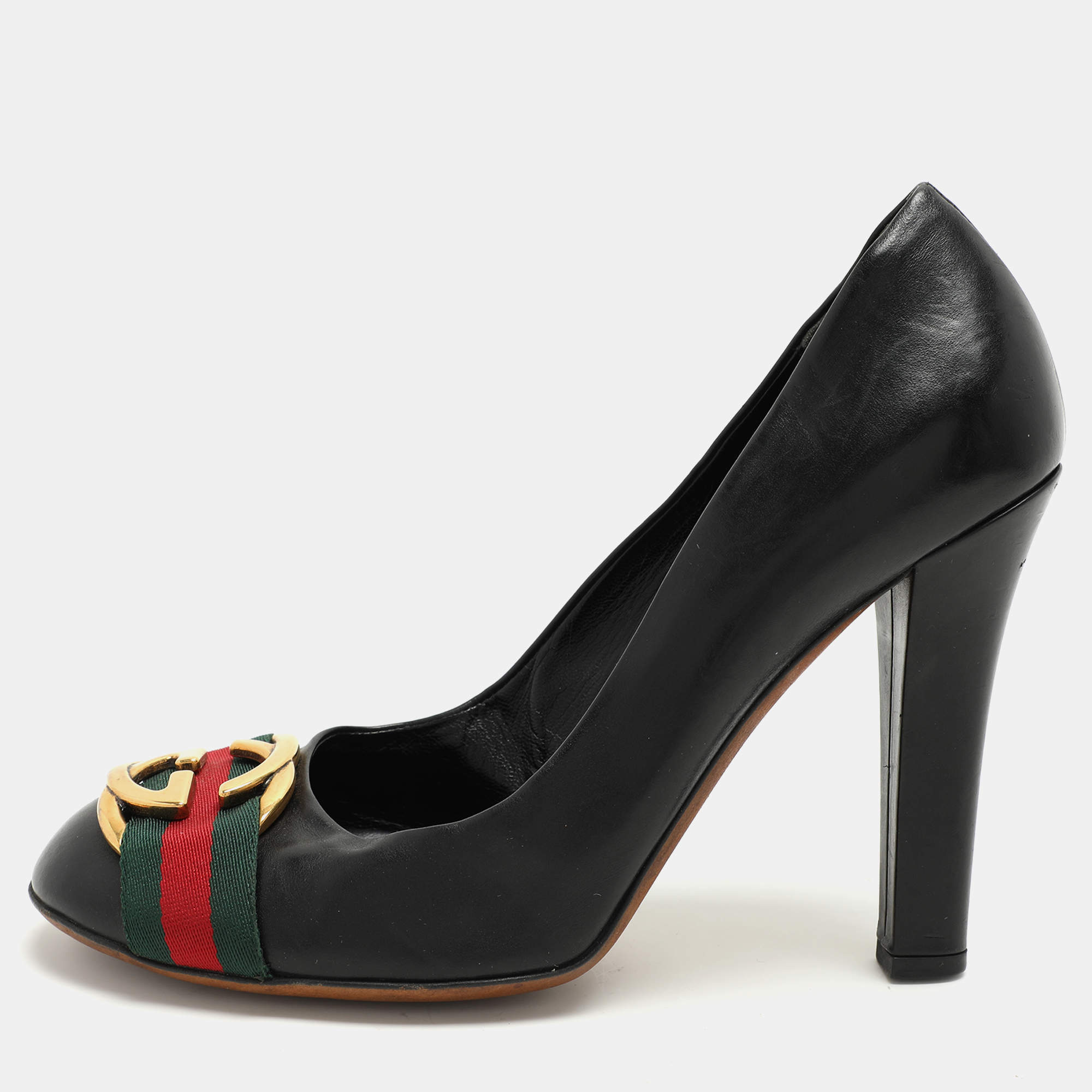 Pre Owned Gucci Black Leather GG Web Pumps Size 40