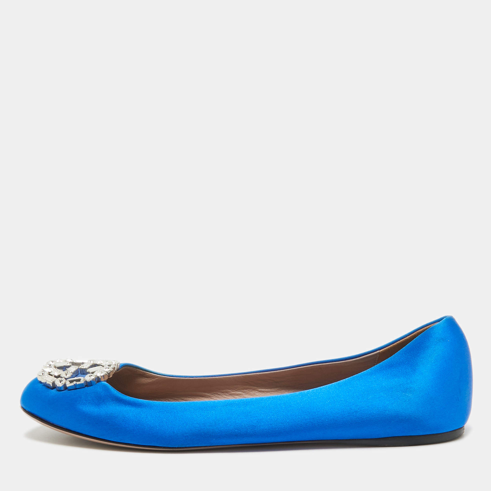Pre Owned Gucci Blue Satin Crystal Embellished Ballet Flats Size 40