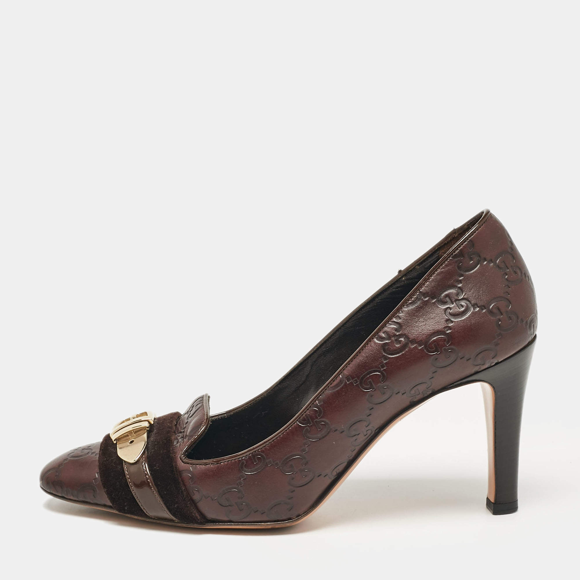 Gucci Dark Brown Guccissima Leather and Velvet Metal Buckle Pumps Size 38