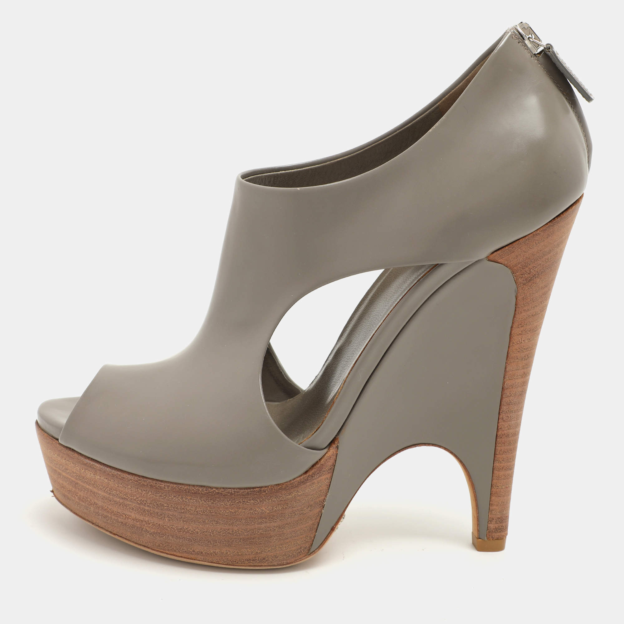 Gucci Grey Leather Cut Out Peep Toe Platform Booties Size 37.5