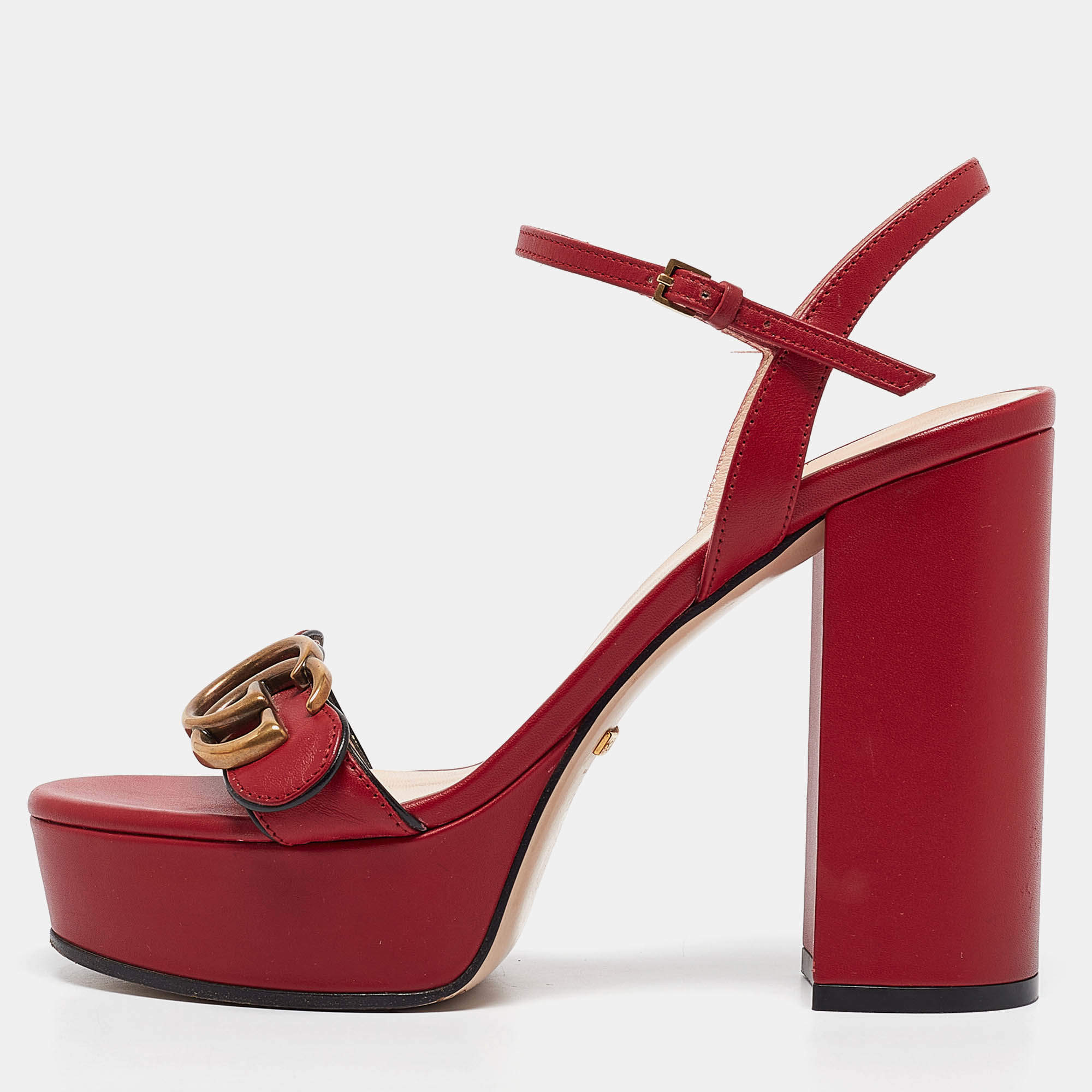 Pre Owned Gucci Red Leather GG Marmont Ankle Strap Sandals Size 36