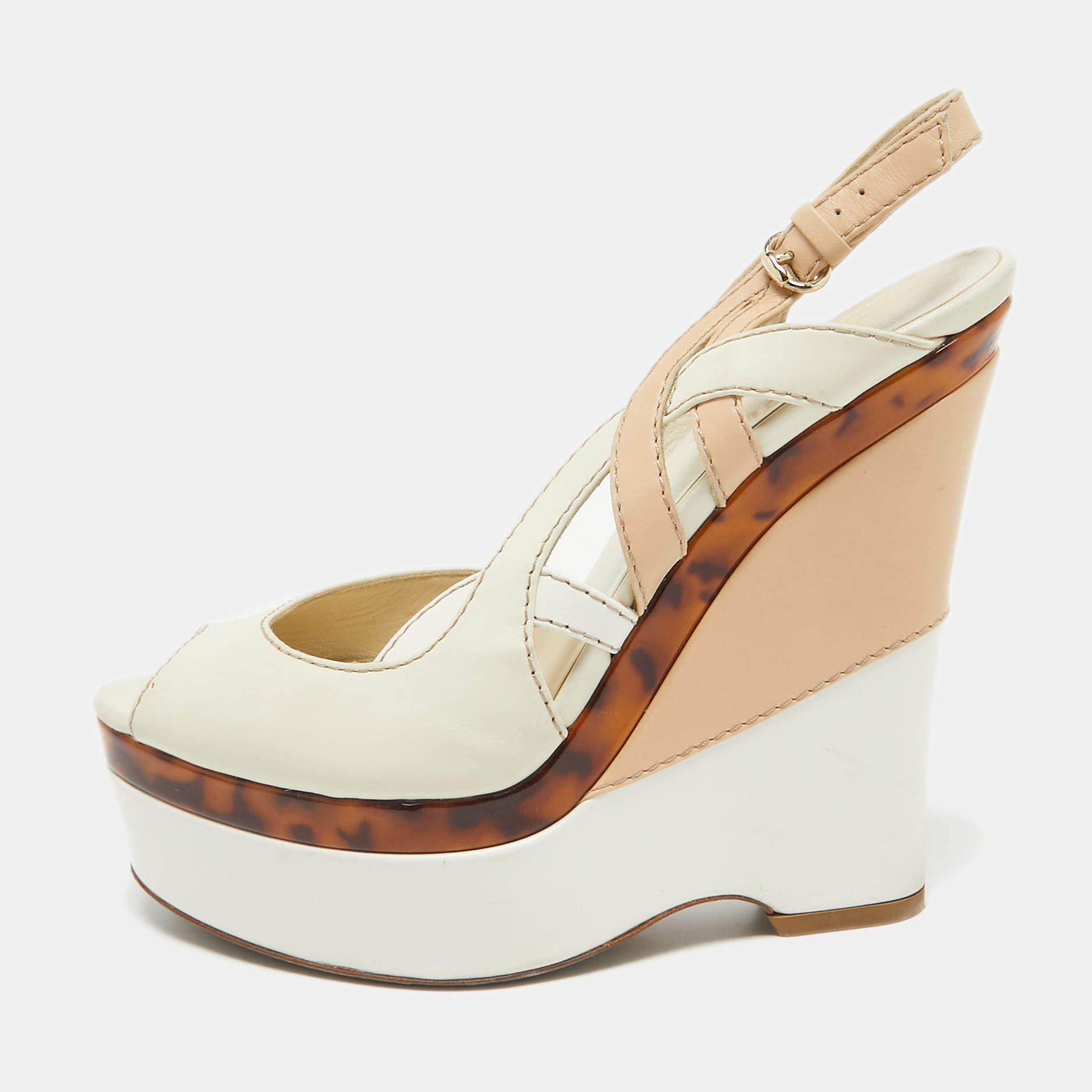 Gucci White/Beige Leather Cut Out Wedge Sandals Size 40.5