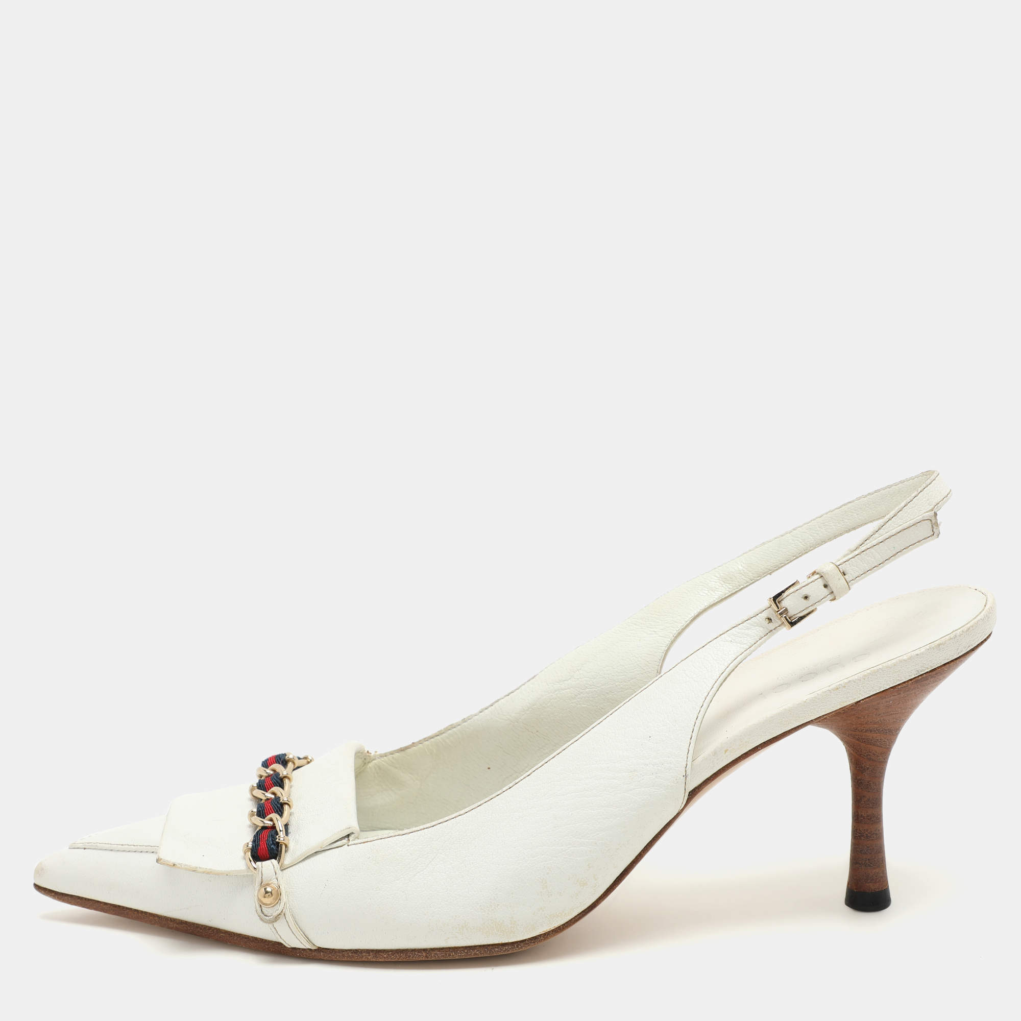 Gucci White Leather Web Chain Embellished Slingback Pumps 36
