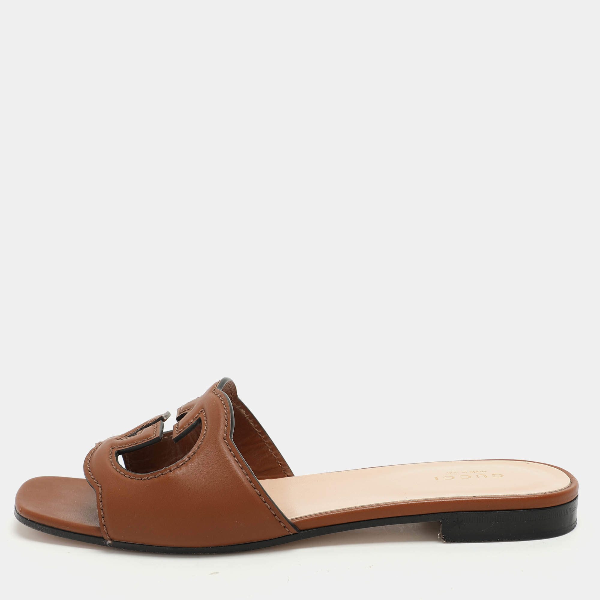 Gucci Brown Leather Interlocking G Flat Slides Size 37.5