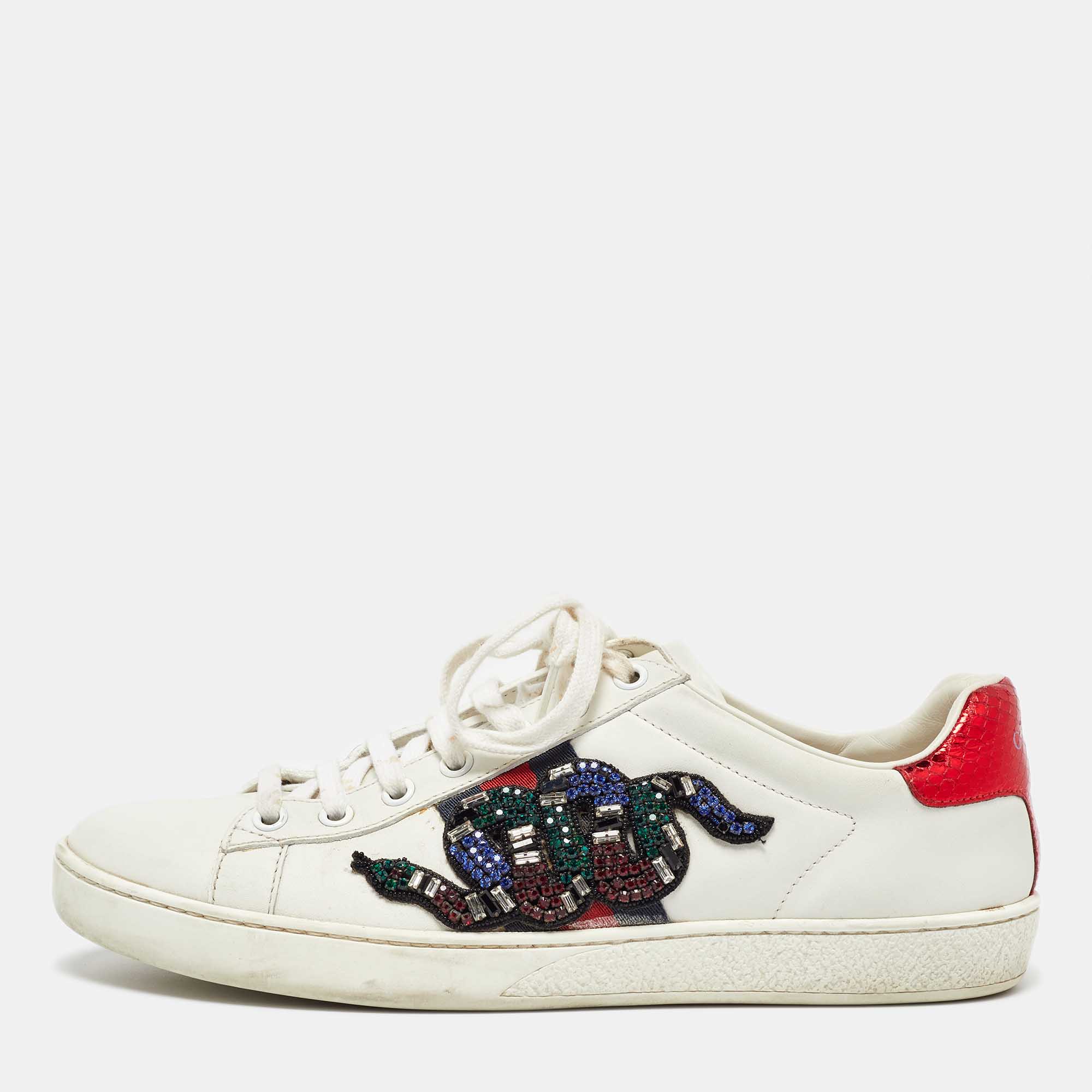 Gucci White Leather Snake Crystal Embellished Ace Low Top Sneakers Size 38.5