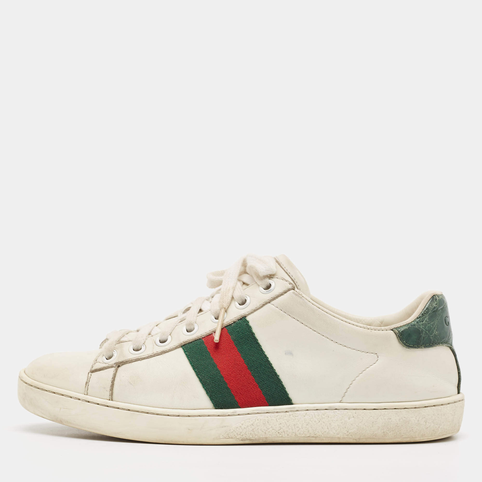 Gucci White/Green Alligator and Leather Ace Lace Up Sneakers Size 37