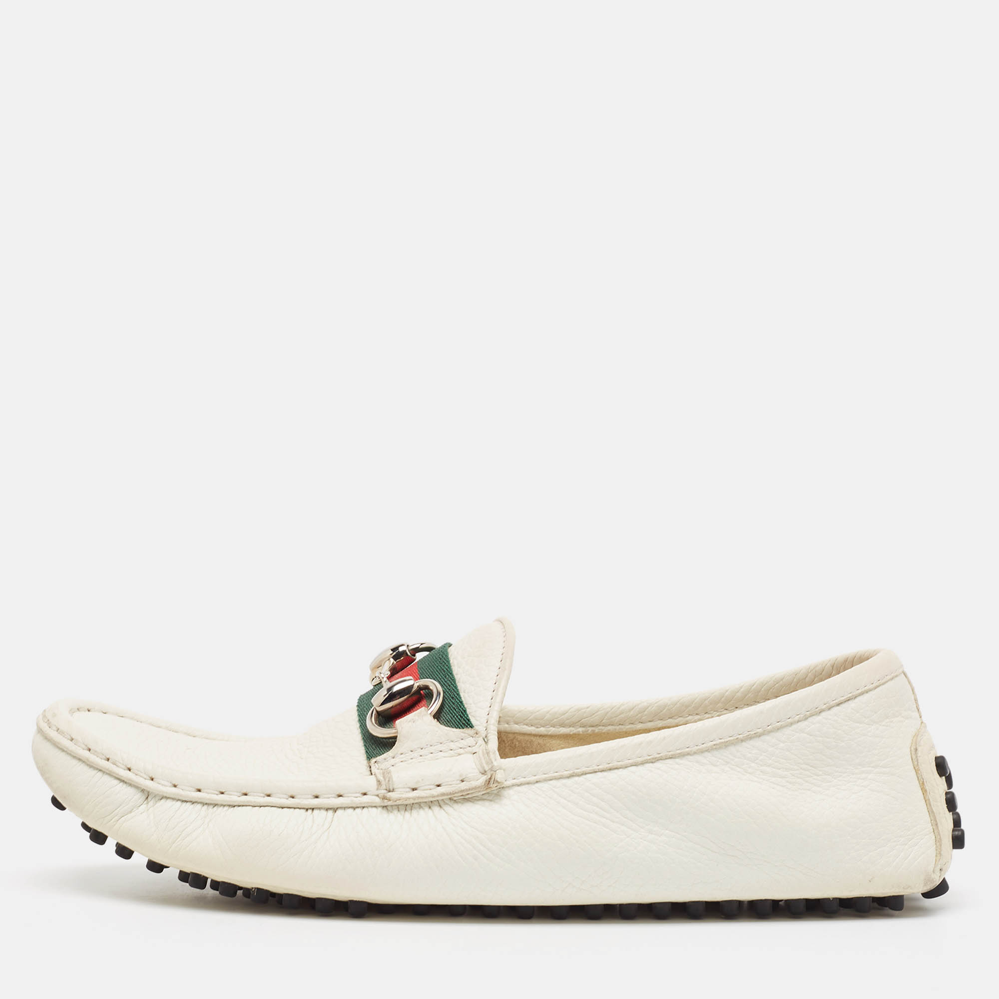 Gucci White Leather Web Slip On Loafers Size 38