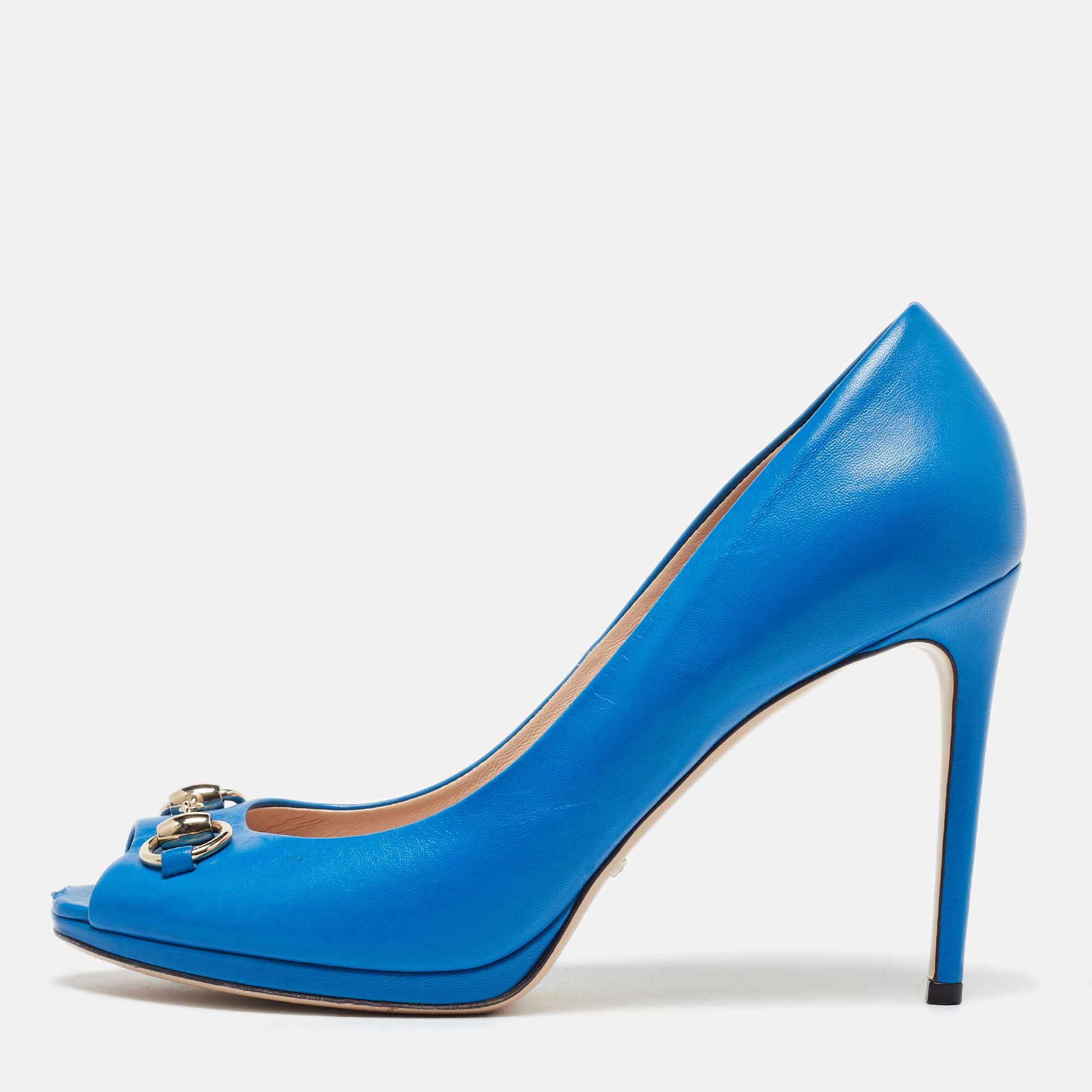 Pre Owned Gucci Blue Leather New Hollywood Peep Toe Pumps Size 40.5