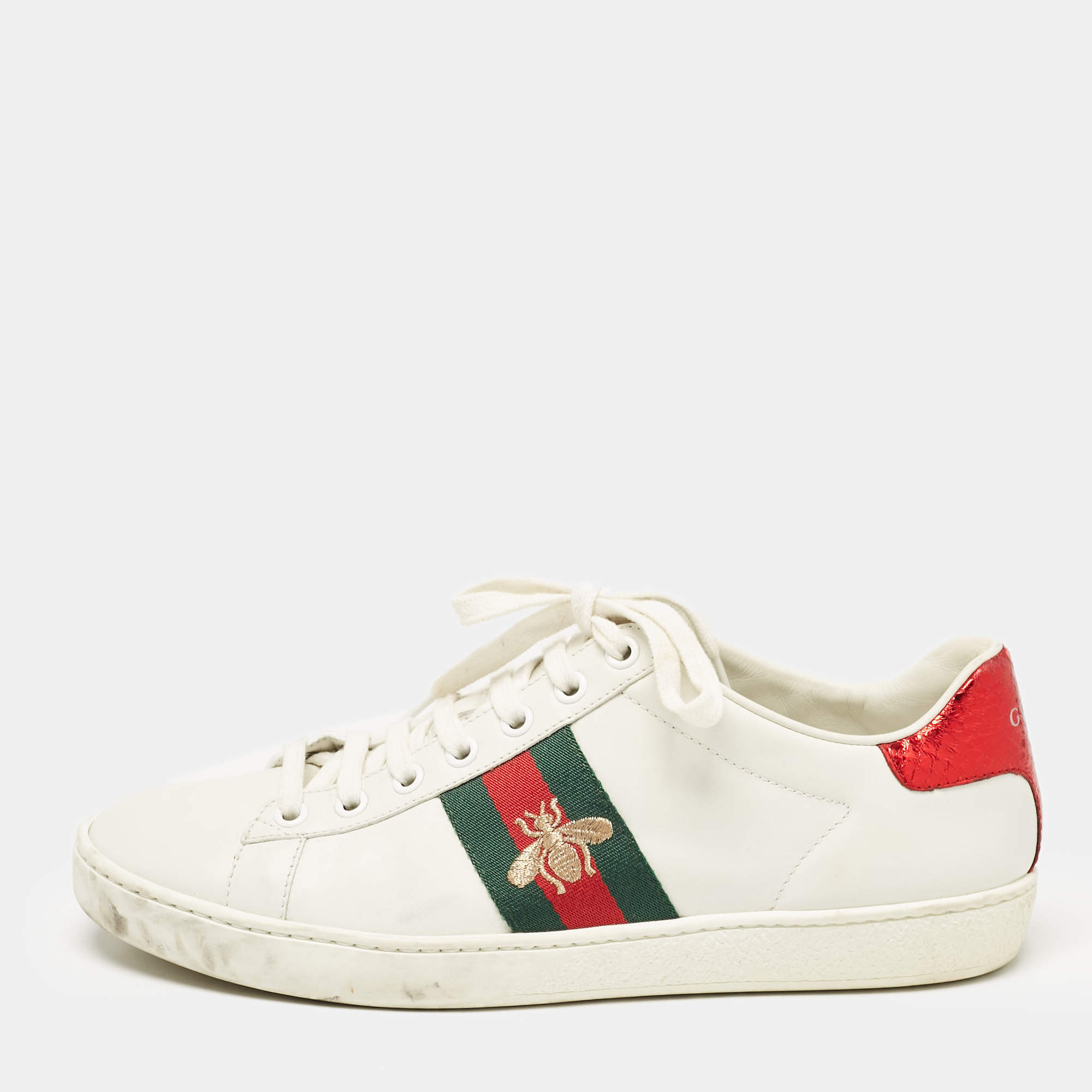 Gucci White Leather Bee Embroidered Ace Low Top Sneakers Size 37.5