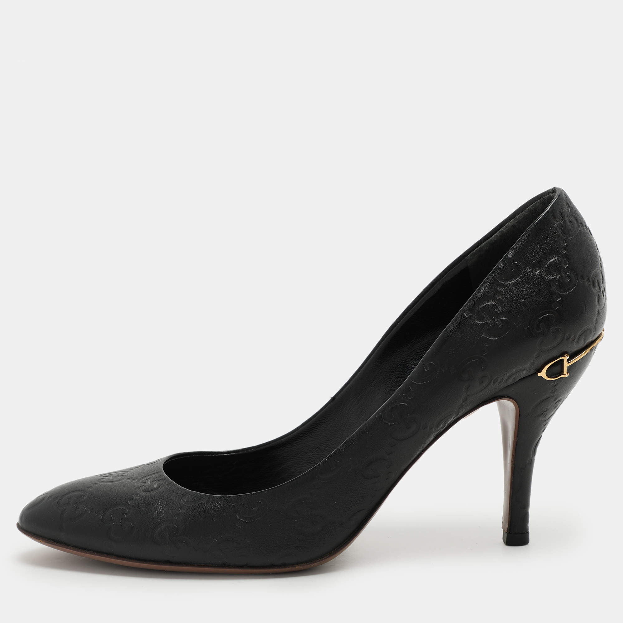 مملوكة مسبقًا Gucci Black Guccissima Leather Horsebit Pumps Size 39.5