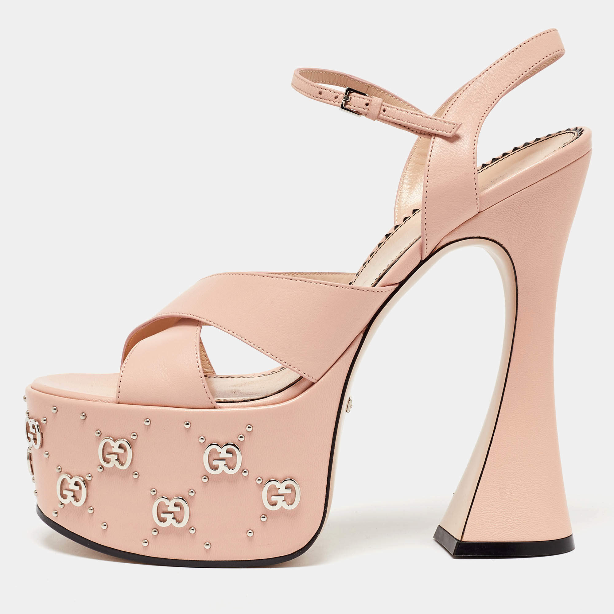 Pre Owned Gucci Pink Leather GG Stud Malaga Platform Sandals Size 39.5
