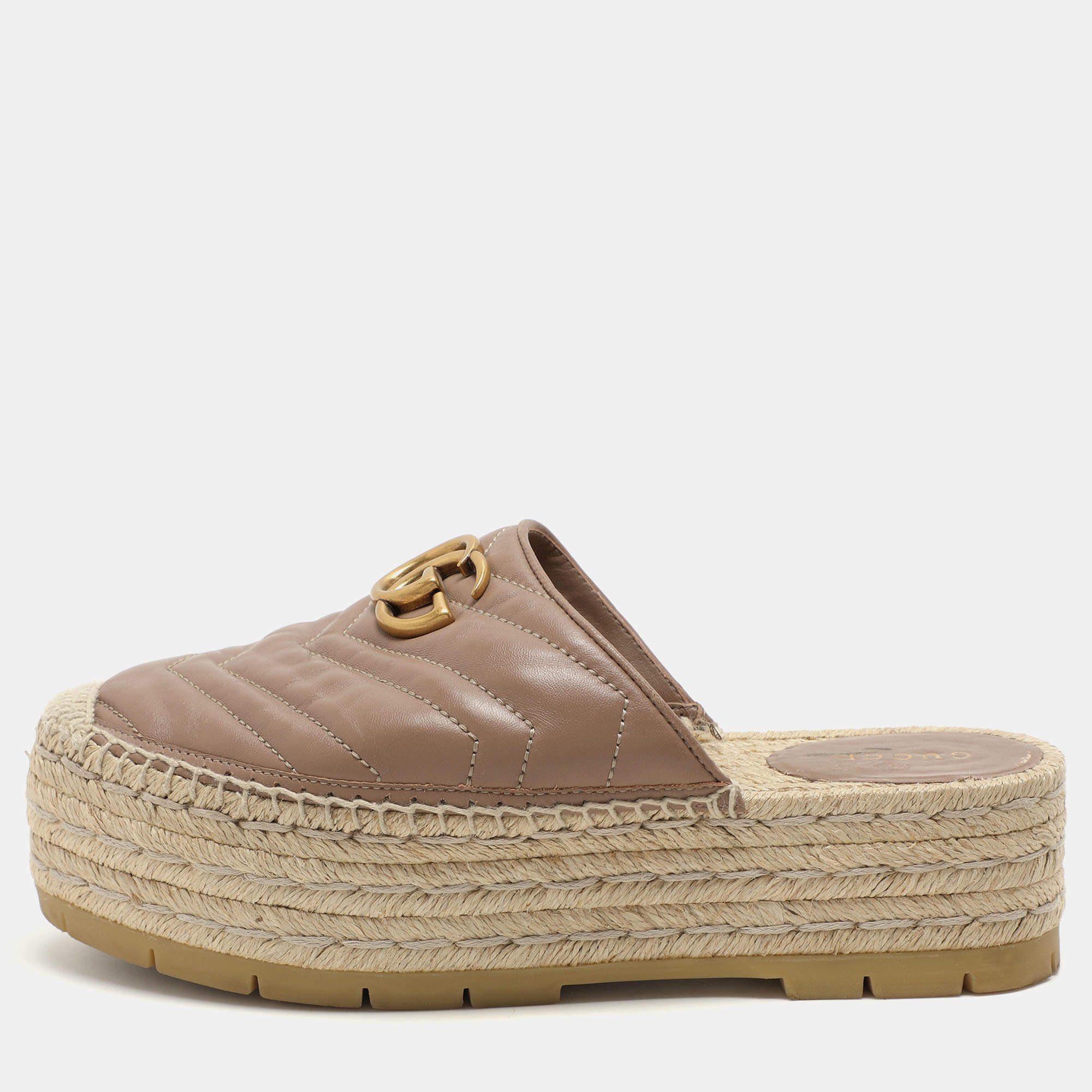 Pre Owned Gucci Beige Quilted Leather GG Marmont Platform Espadrille Flats Size 37.5