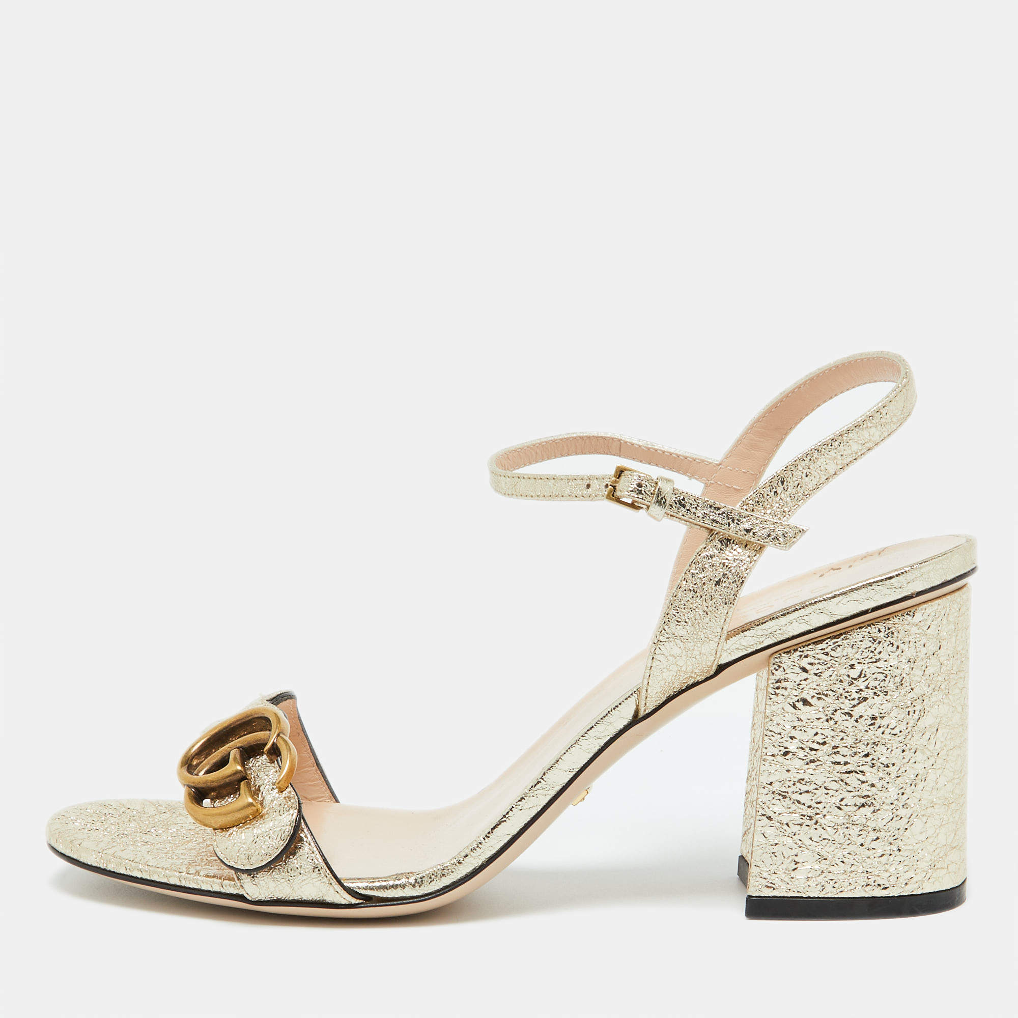 Pre Owned Gucci Gold Crinkled Leather GG Marmont Ankle Strap Sandals Size 40
