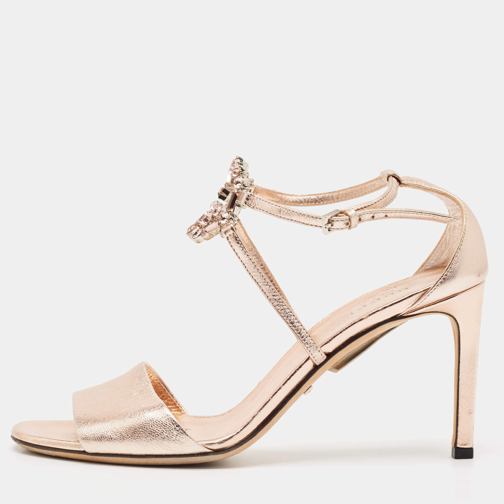Pre Owned Gucci Metallic Rose Gold Leather Crystal Embellished GG Logo Ankle Strap Sandals Size 38