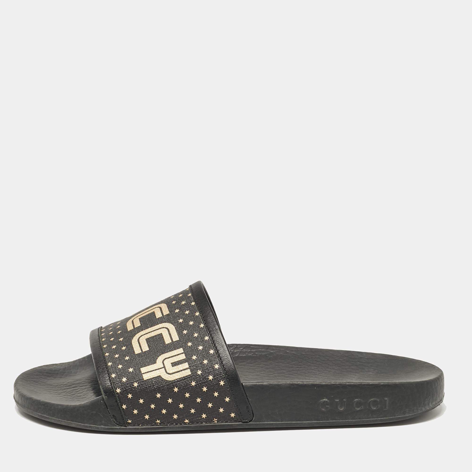 Gucci Black/Gold Coated Canvas and Leather Star Guccy Slides Size 38