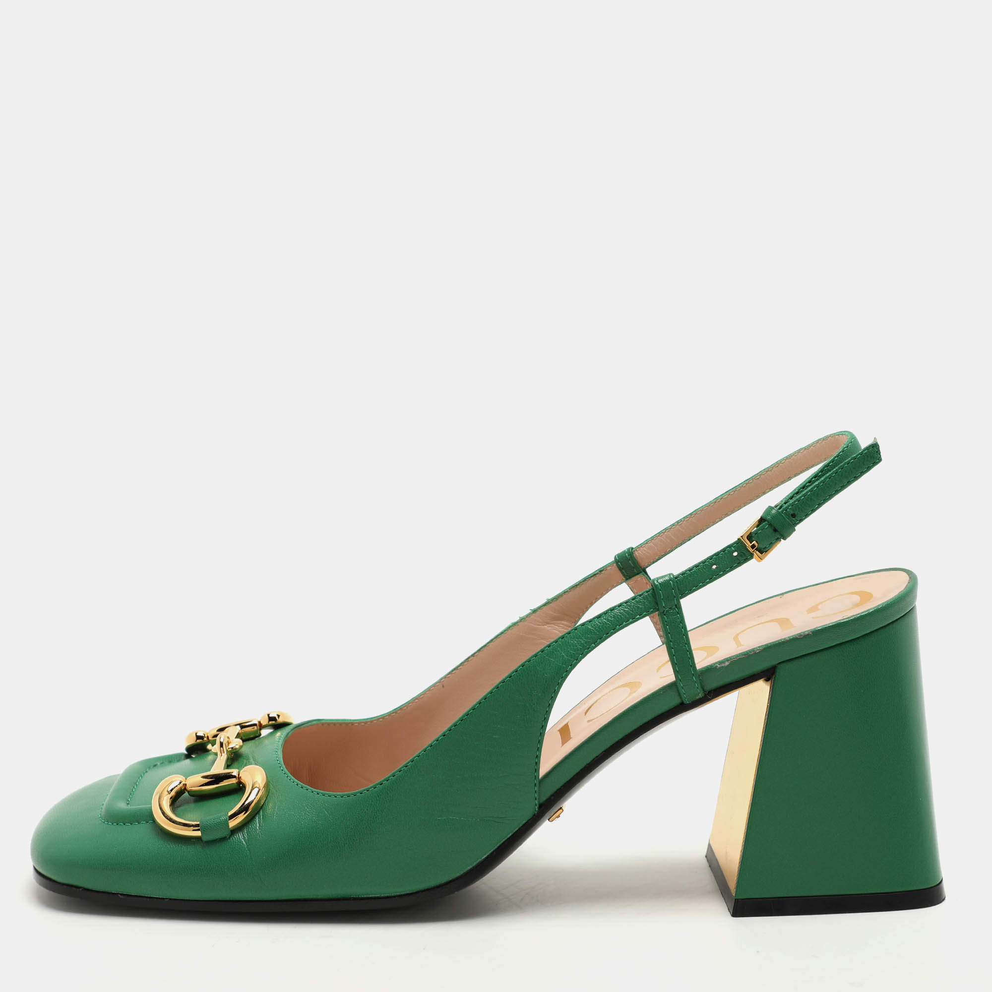 Gucci Green Leather Horsebit Square Toe Slingback Pumps Size 40.5