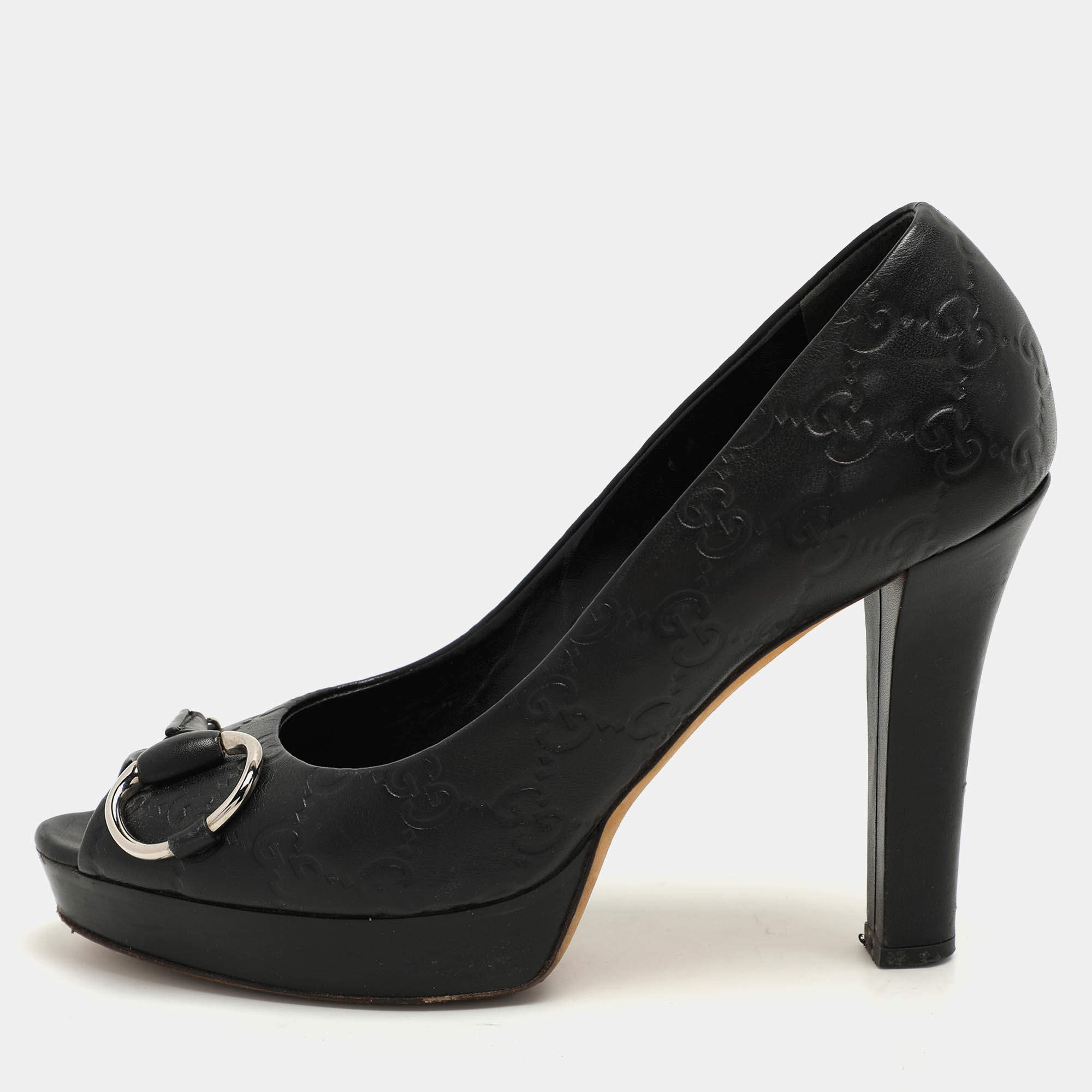 Pre Owned Gucci Black Leather Peep Toe Pumps Size 38