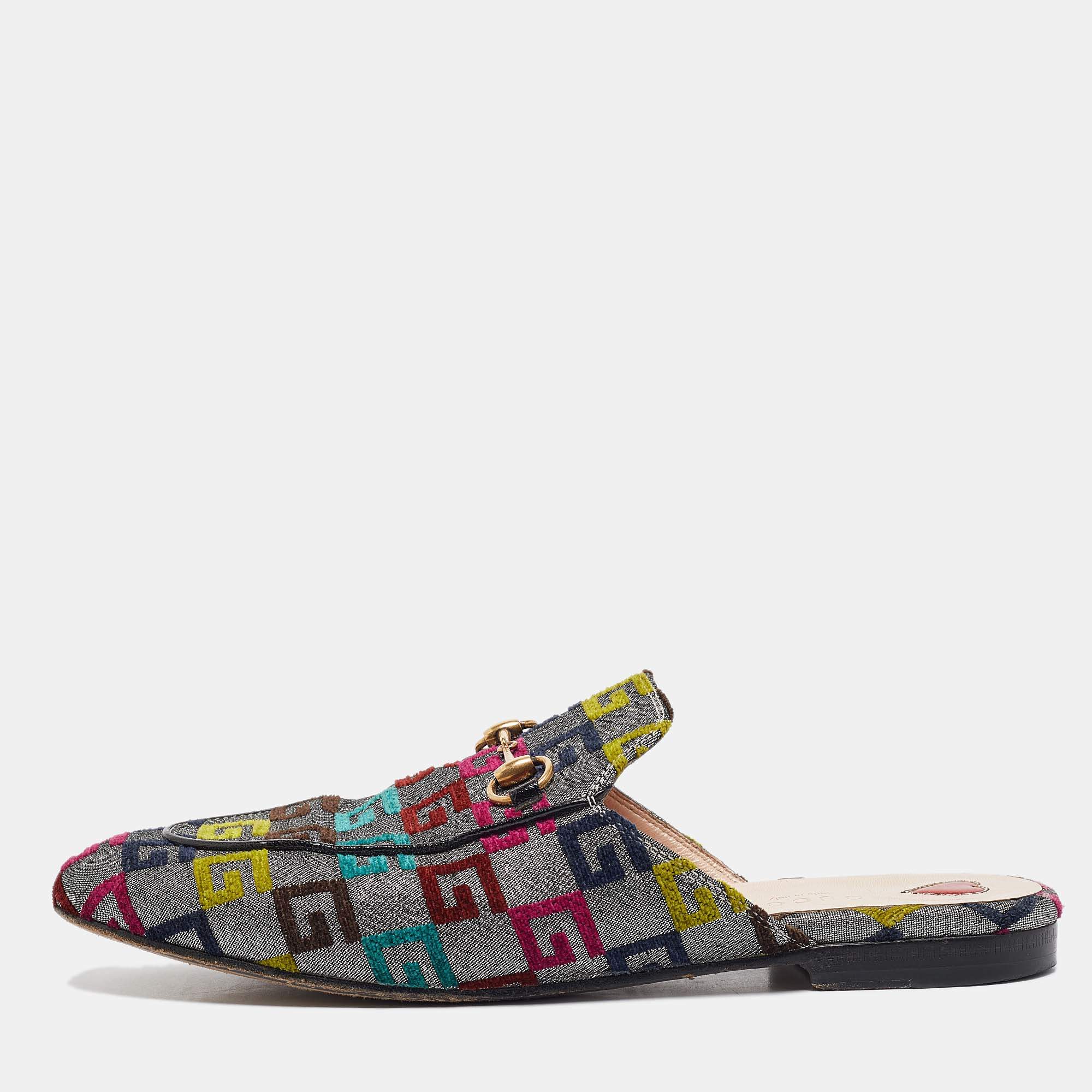 Pre Owned Gucci Multicolor Brocade Fabric Horsebit Princetown Flat Mules Size 40