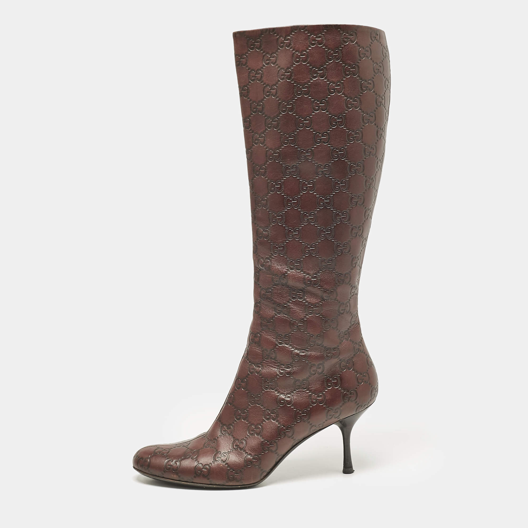 Gucci Burgundy Leather GG Knee Length Boots Size 40.5