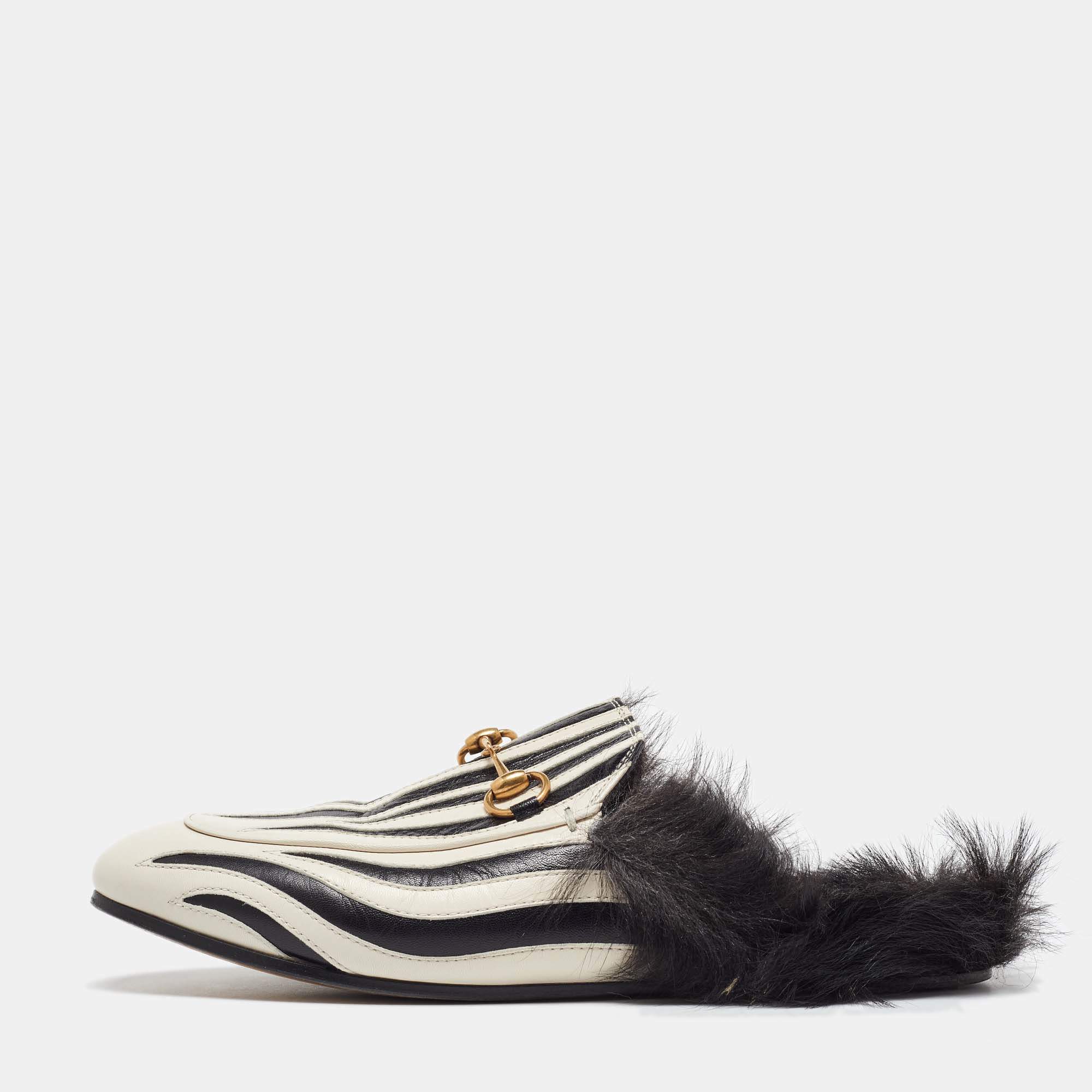 Gucci White/Black Leather and Fur Princetown Zebra Stripe Flat Mules Size 38