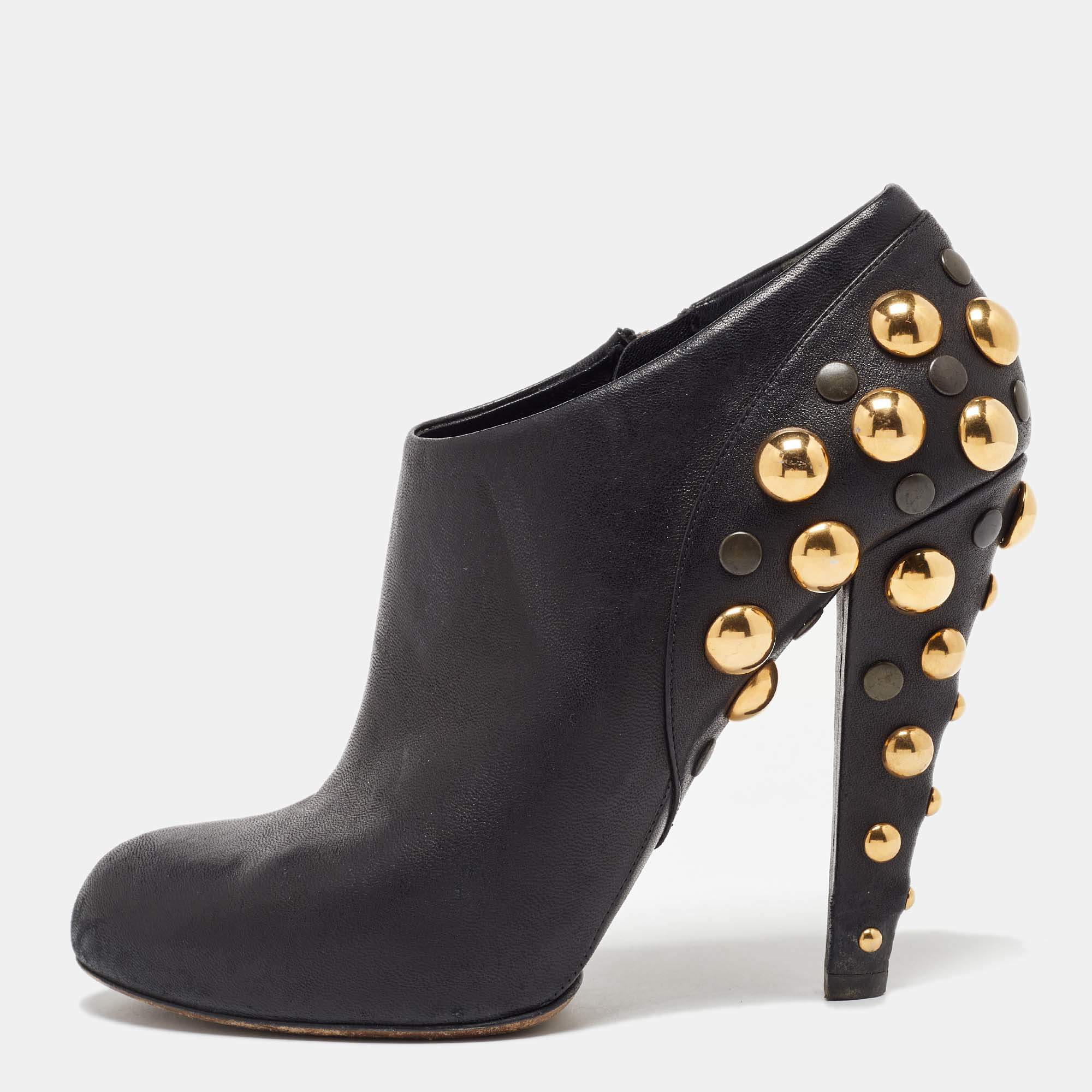 Gucci Black Leather Babouska Studded Embellished Ankle Booties Size 39.5