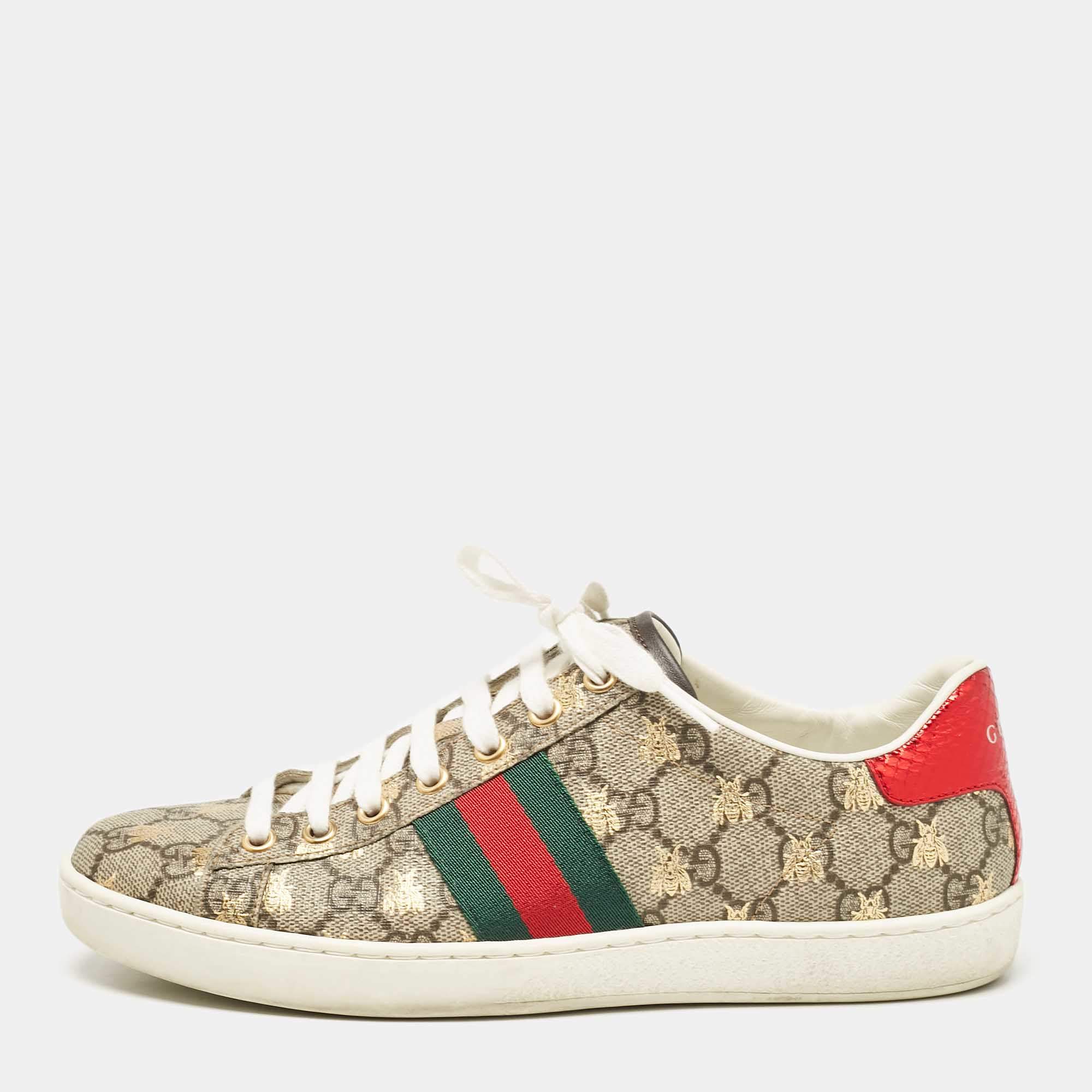 Gucci Beige/Brown GG Supreme Canvas Ace Bee Low Top Sneakers Size 38