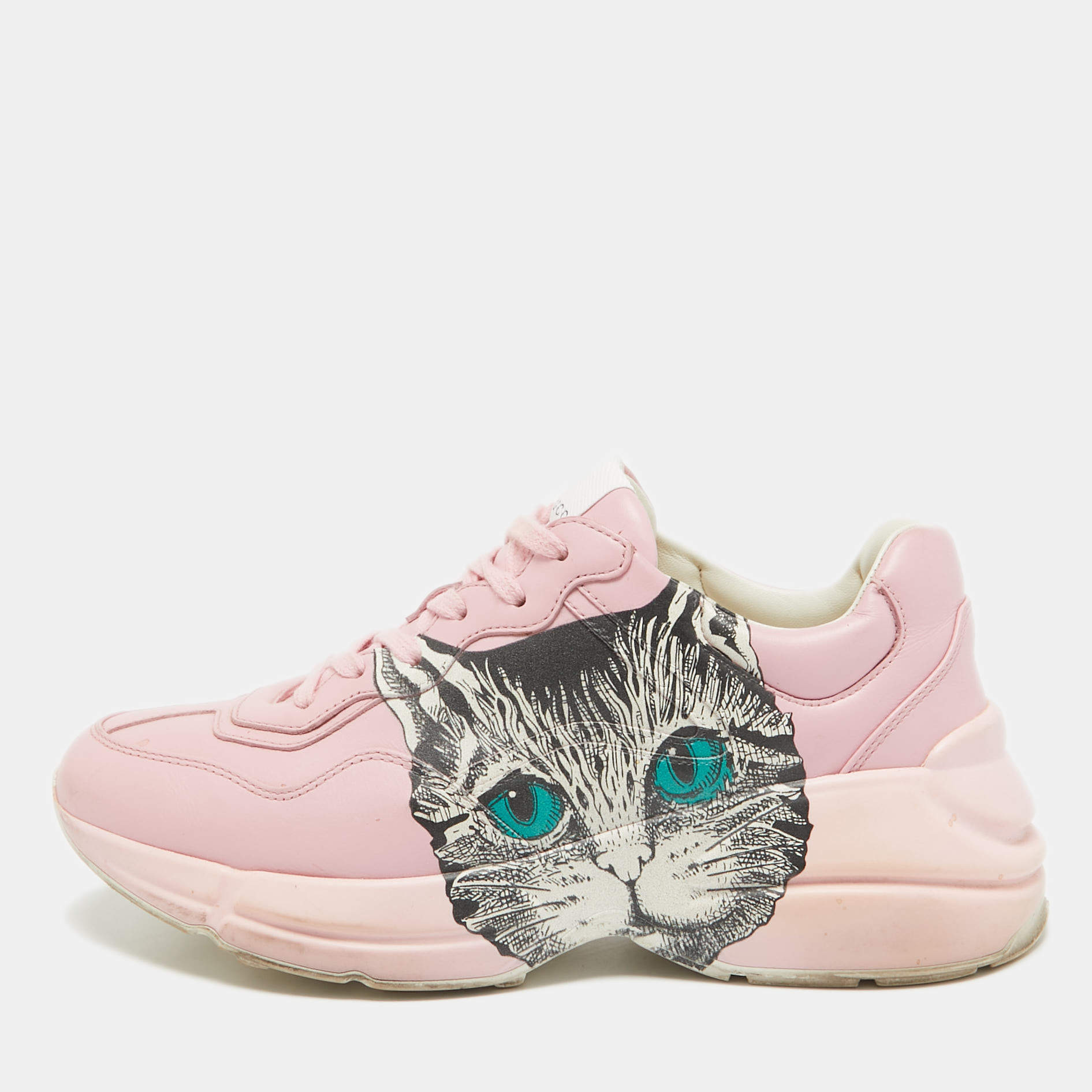 Gucci Pink Leather Mystic Cat Rhyton Sneakers Size 38