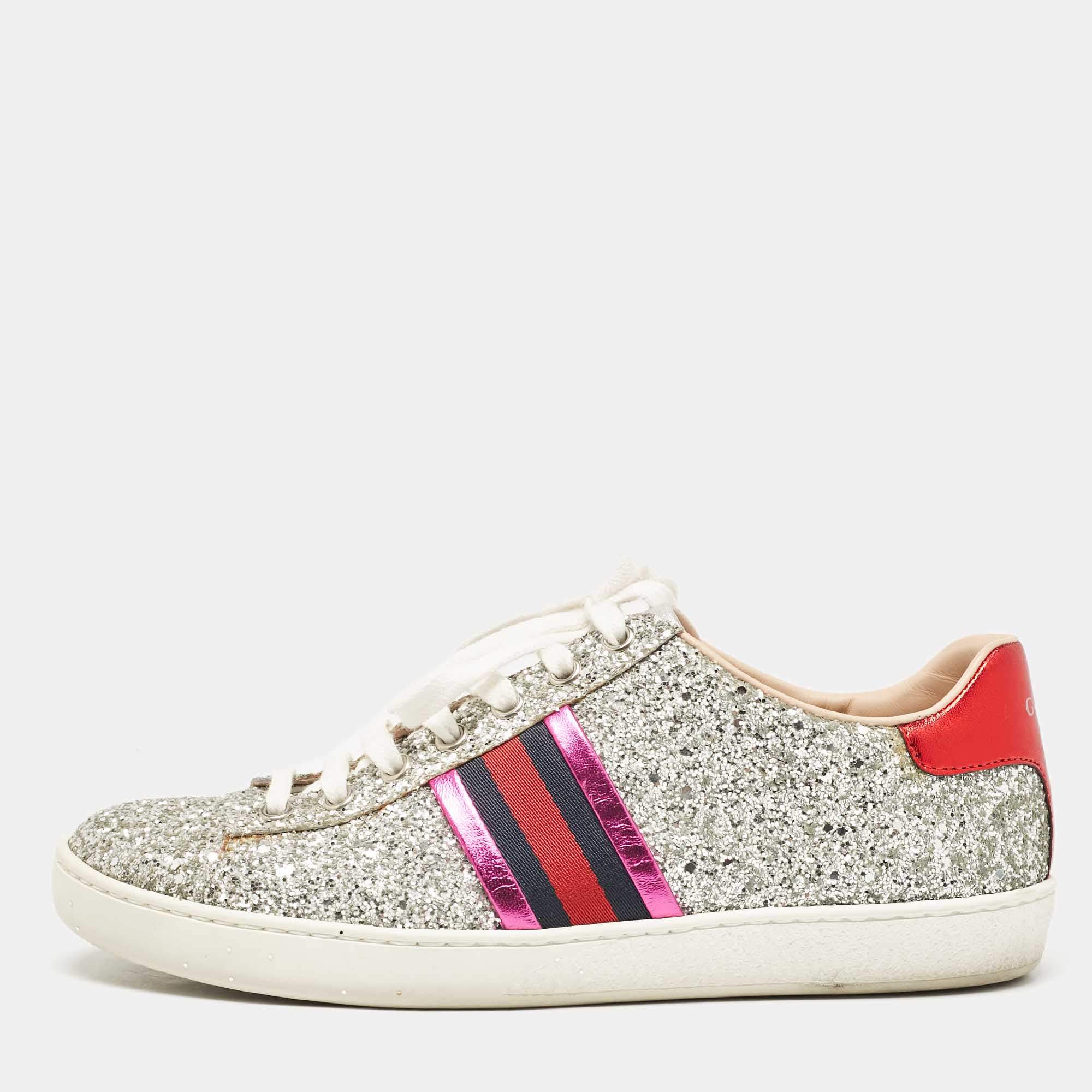 Gucci Silver Glitter Ace Web Low Top Sneakers Size 38.5