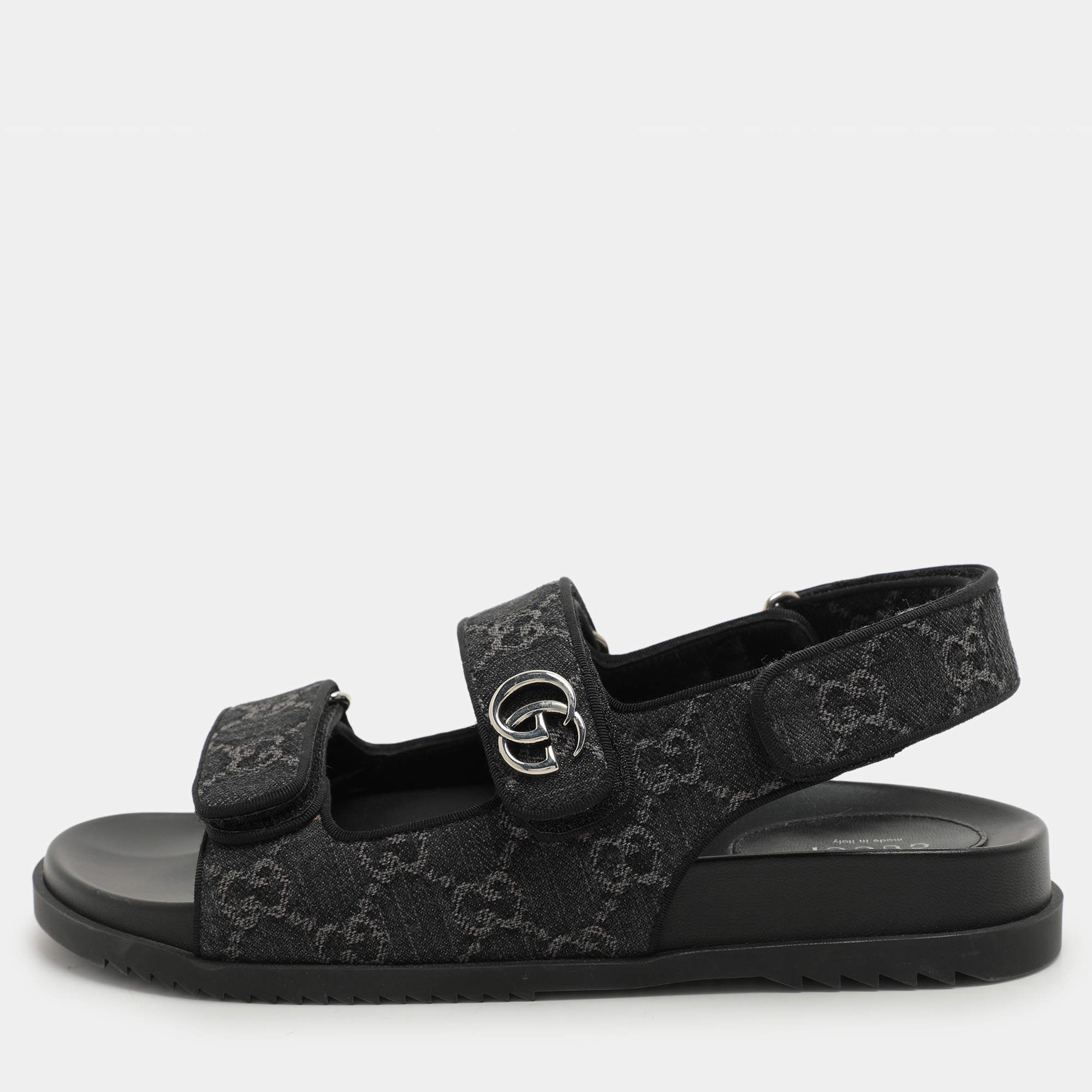 Gucci Black GG Denim and Leather Double G Flat Sandals Size 39