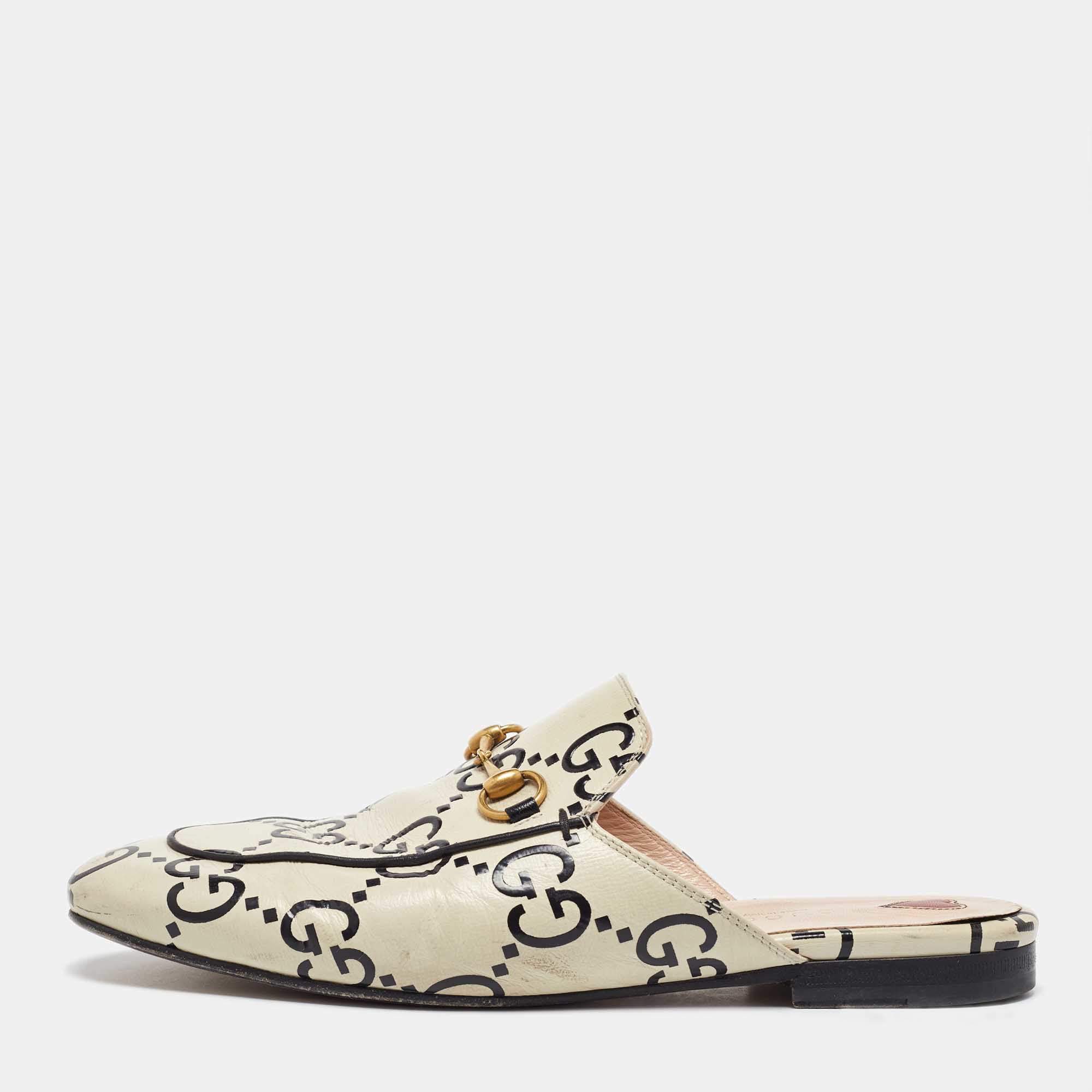 Gucci Cream/Black Leather Ghost Princetown Flat Mules Size 39
