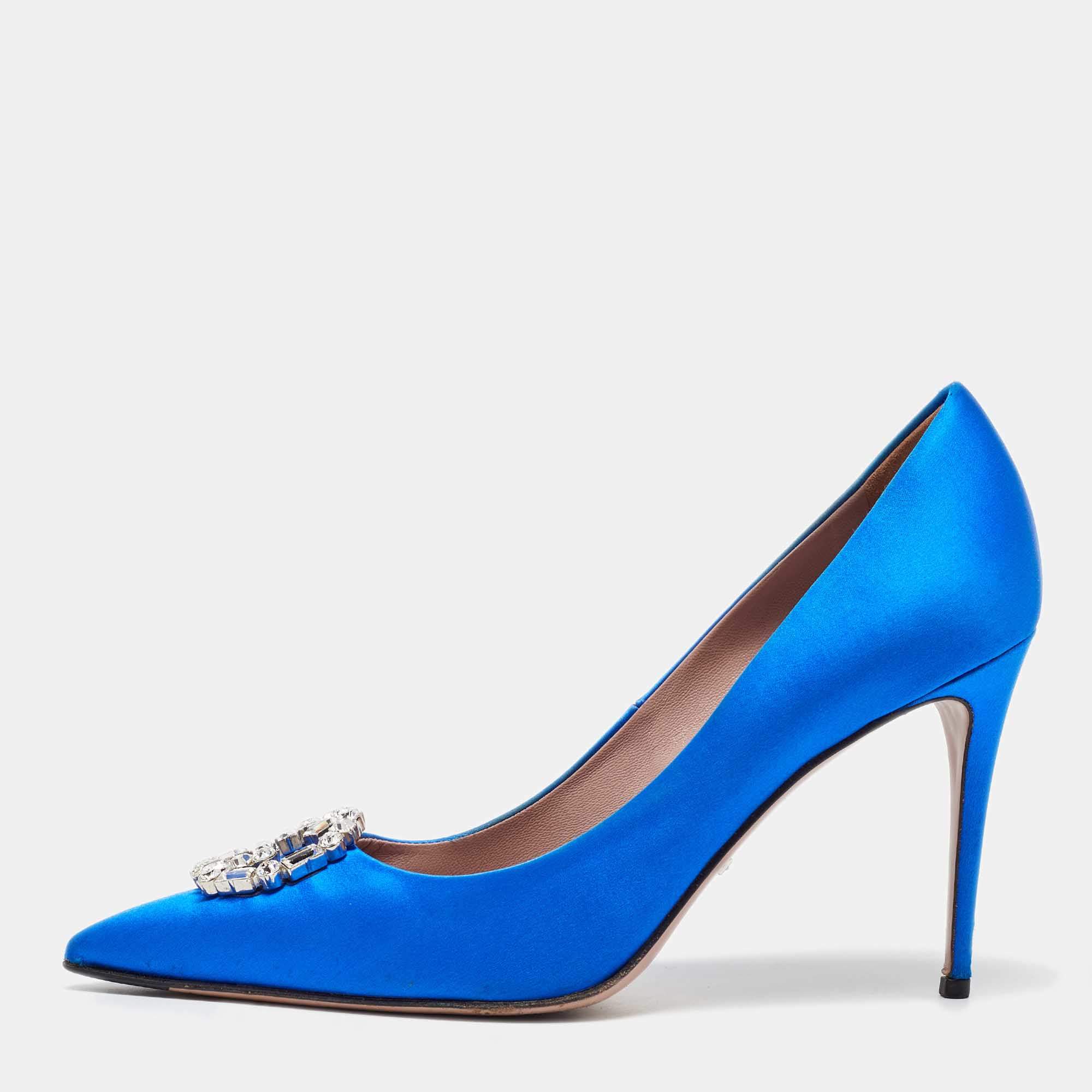 Pre Owned Gucci Blue Satin Crystal Embellished Interlocking G Pumps Size 39